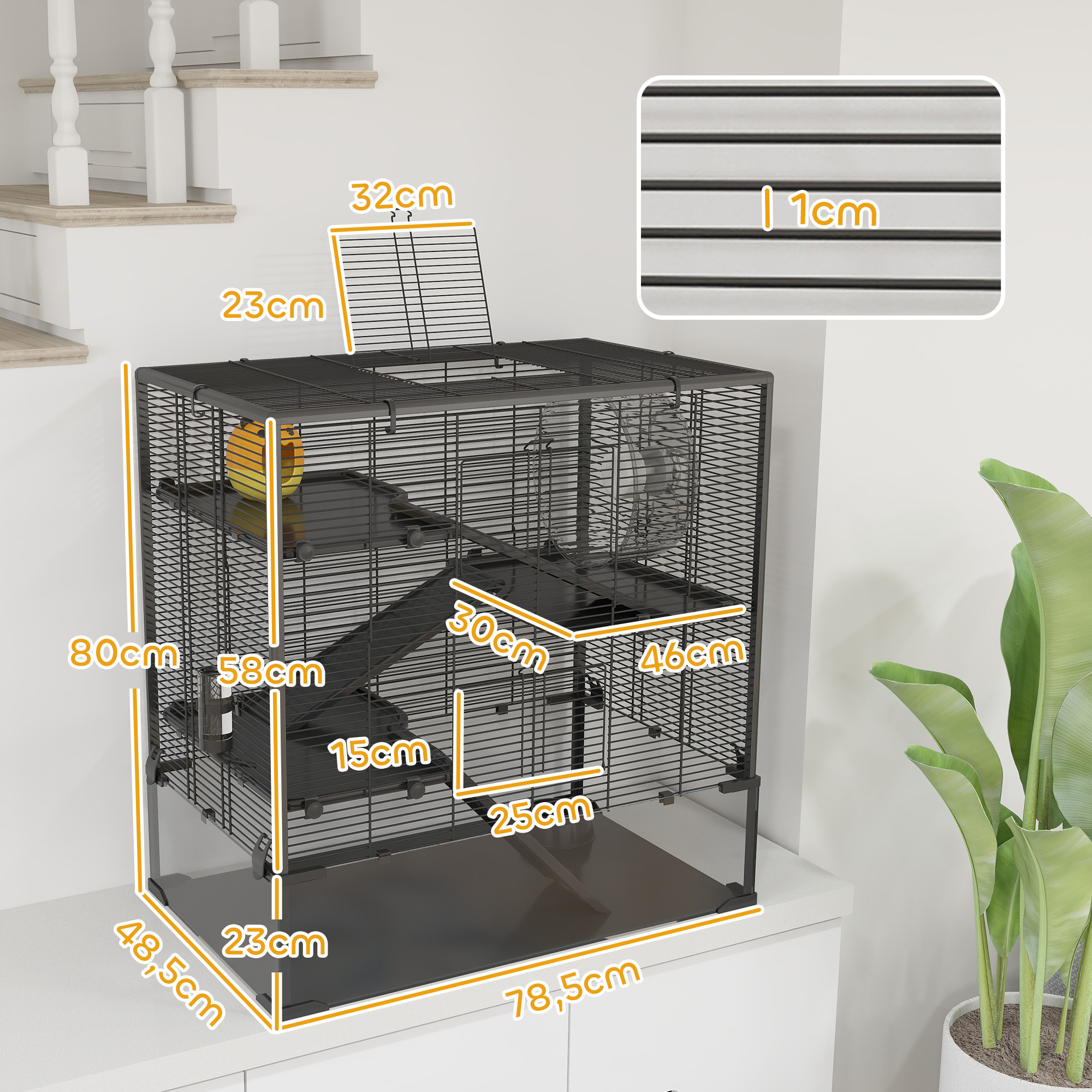Hamsterkooi met glazen bodem, 4-niveau knaagdieren verblijf met hut en accessoires, 78,5L x 48,5B x 80H cm, Zwart