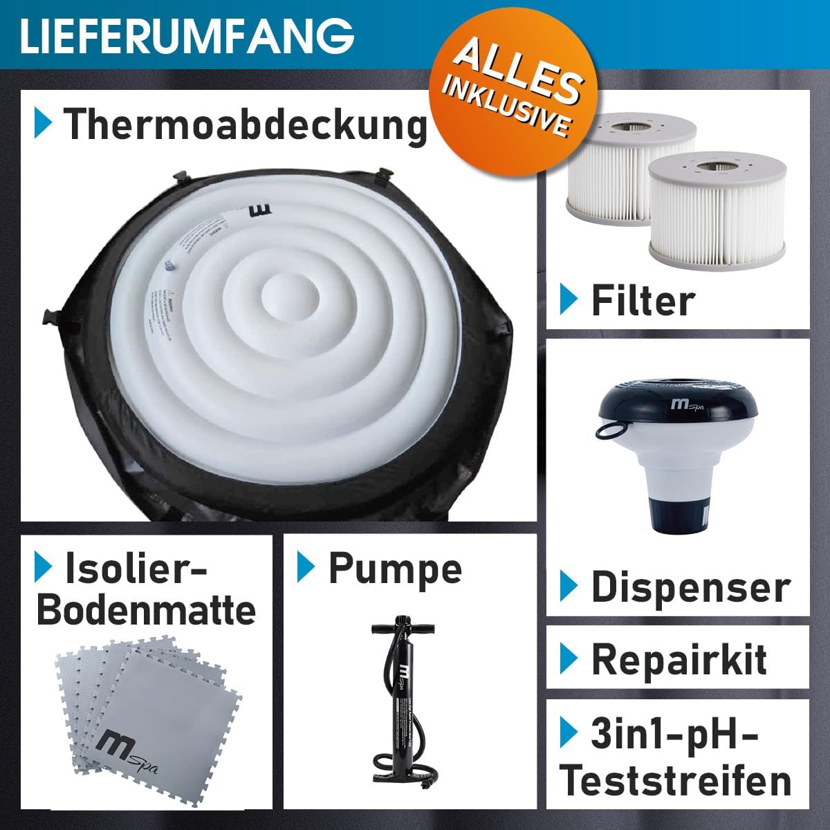 BRAST Whirlpool aufblasbar MSpa | 4-8 Personen | viele Modelle rund und eckig | Ø 125-224cm | In- Outdoor Pool | bis zu 144 Massagedüsen | inkl. Aufblasfunktion Abdeckung Timer Heizung | Mono 8