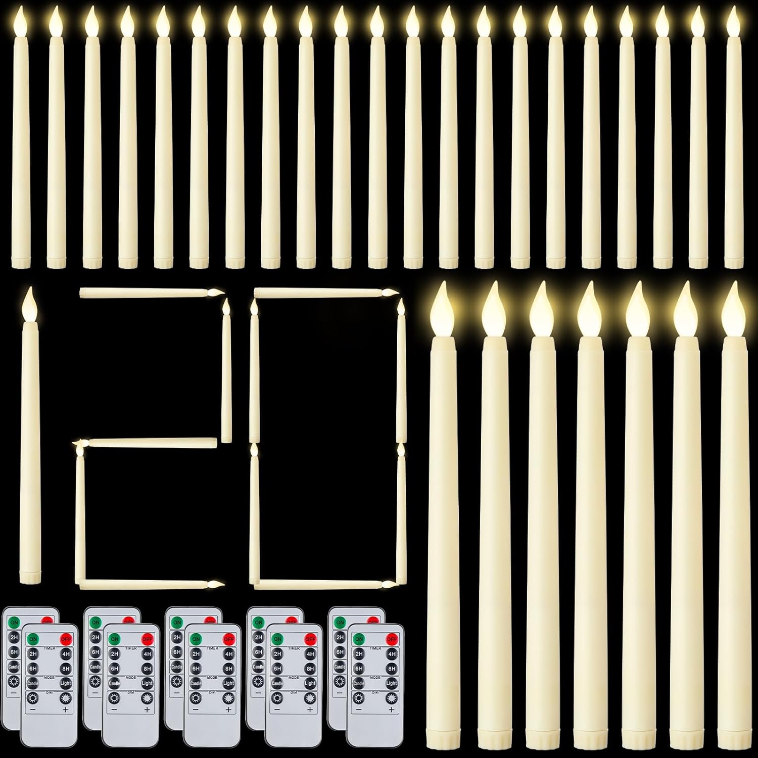 Baquler 120 Stück flammenlose Spitzkerzen mit 10 10 Tasten Fernbedienung batteriebetriebene LED flackernde Kerzen lange elfenbeinfarbene flammenlose Kerzenhalter Lichter für Halloween Weihnachten