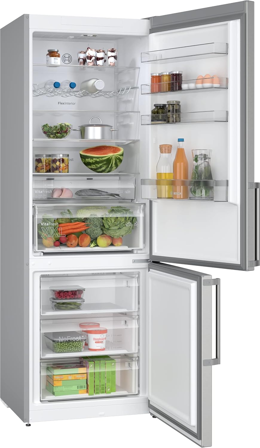 Bosch KGN497ICT - Frigorífico y congelador XXL Serie 4, nevera independiente con zona inferior de 203 x 70 cm, refrigeración 311L, congelación de 129L, NoFrost, VitaFresh XXL, PerfectFit, acero