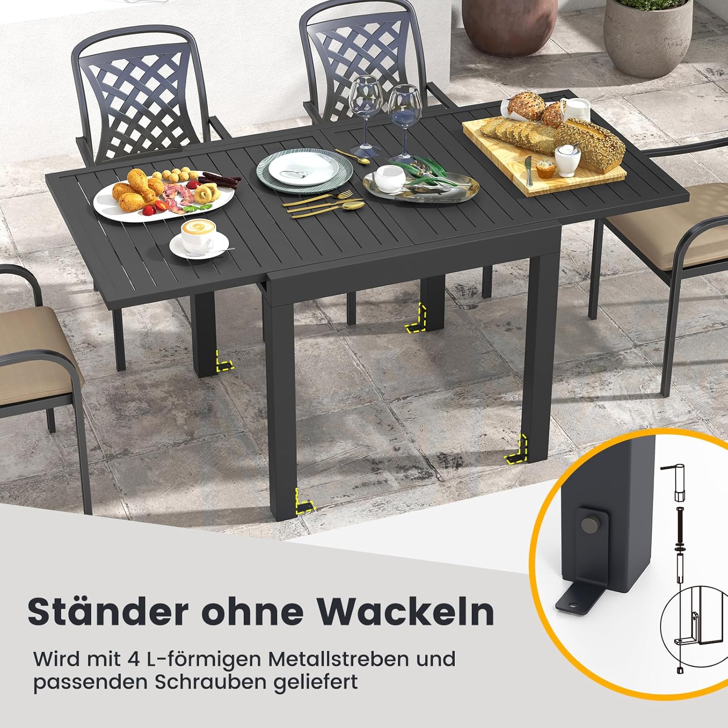 COSTWAY Gartentisch Aluminium ausziehbar, 80/160x80cm, Esstisch wetterfest, rechteckiger Terrassentisch mit Lattentischplatte für 4-6 Personen, Ausziehtisch für Garten, Terrasse