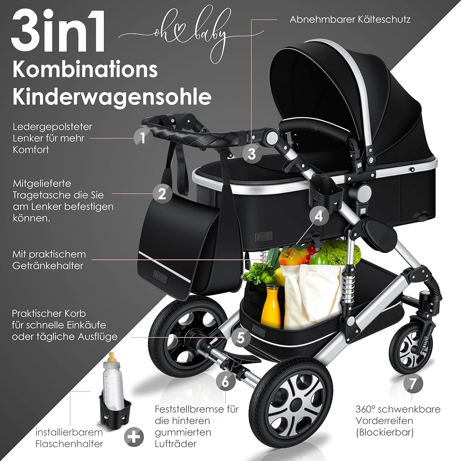 KESSER® Loops 3 in 1 Kinderwagen Kombikinderwagen Komplett-Set inkl. Babywanne & Buggy Sportsitz & Auto-Babyschale Voll-Gummireifen Wickeltasche Regenschutz Kindertisch ECE R129, Schwarz/Champagne