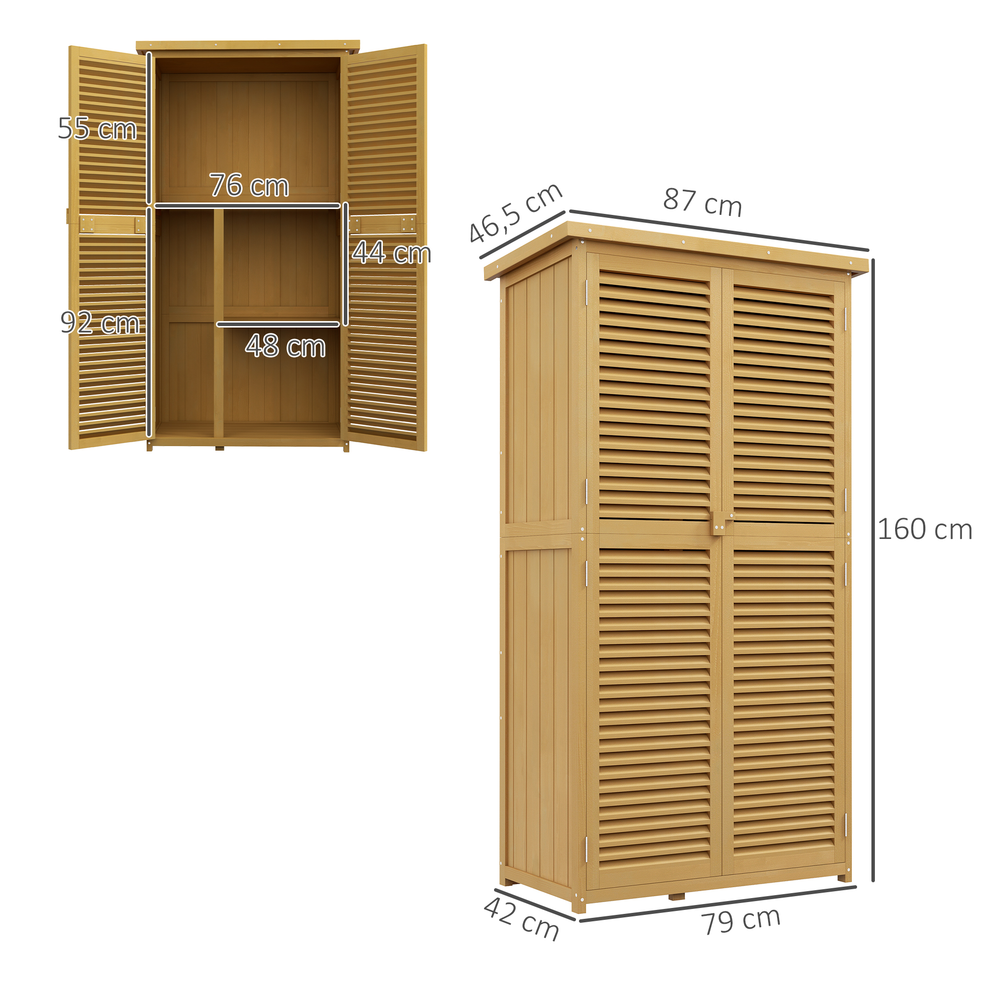 Outsunny Weerbestendige Tuinkast, 2 Deuren met Slot, Grenenhout, 87L x 46,5B x 160H cm, Lichtgeel
