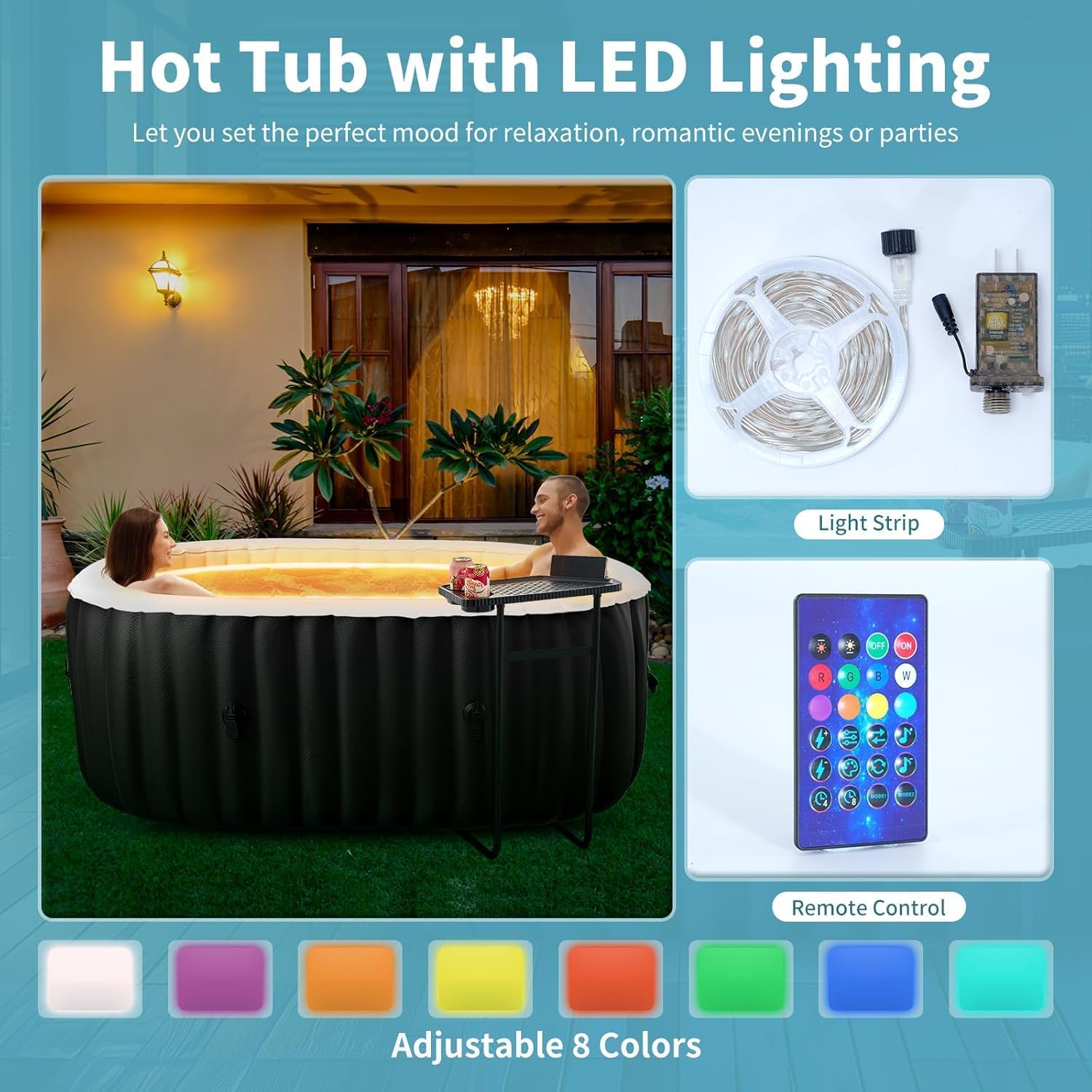 Hot Tub Aufblasbar für 2 Personen Mit LED, 2400W In/Outdoor SPA Pool Winterfest Mit 100 LuftdüSen, Frostschutz, 550 Liter, Auslaufsichere, Energiesparend, Bubble Spa & Wellness Massage