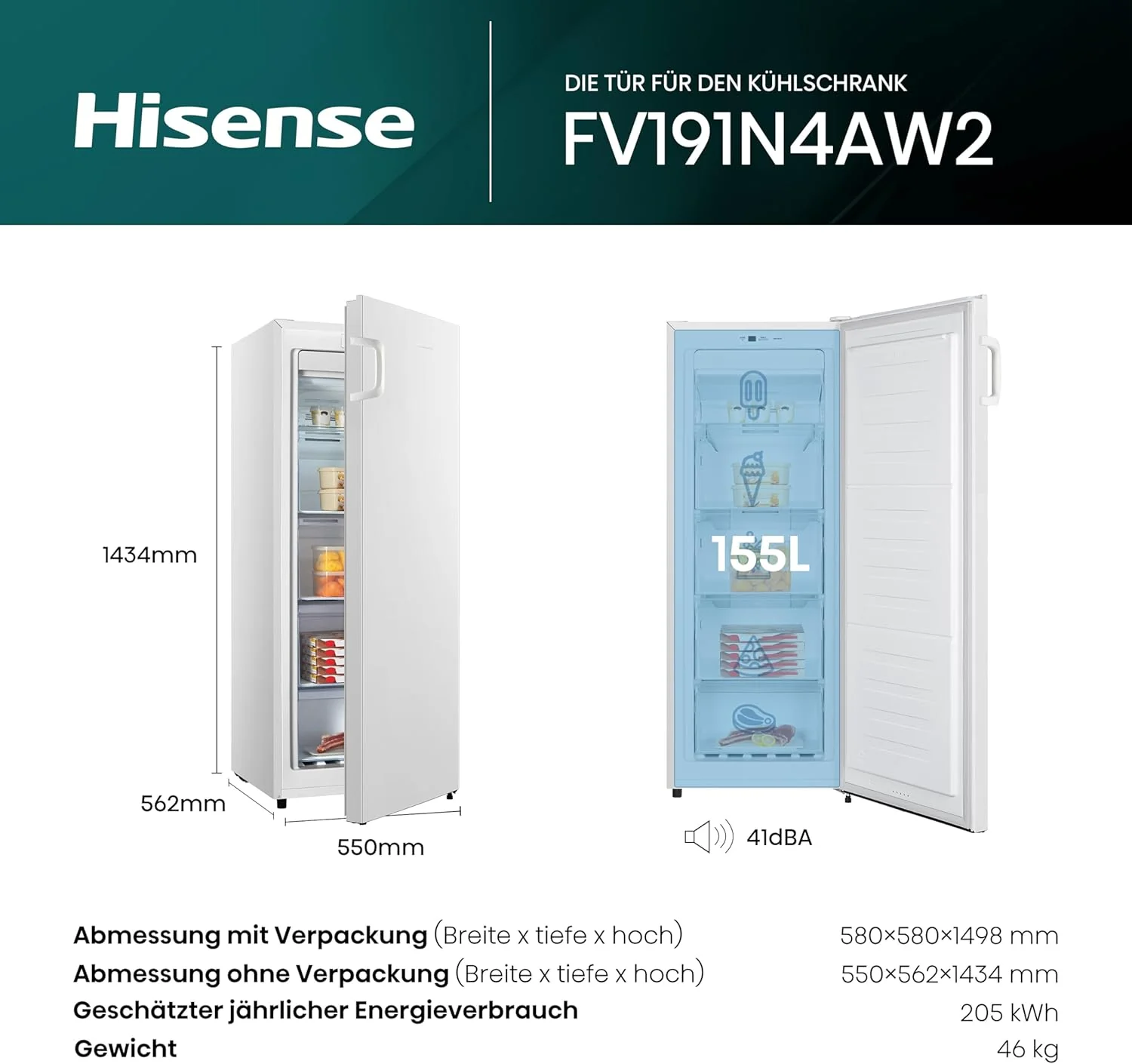 Hisense FV191N4AW2 Vriezer/ TotalNoFrost/ SuperFreeze/ Deuralarm/ Multiflow 360��/ BigBox/ 143,4 cm/ Vriesgedeelte 147 l/ 41 dB/ 205 kWh/Wit