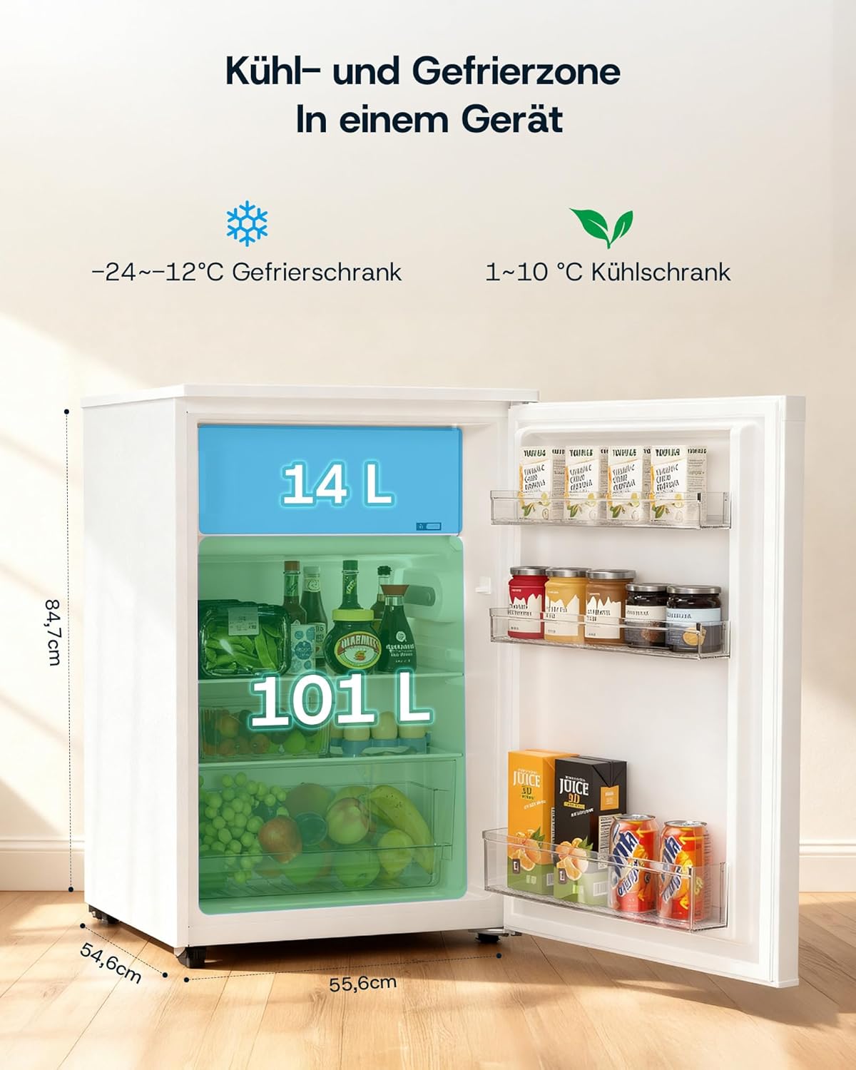 Upstreman 115L Kühlschrank mit Gefrierfach，Effizienzklasse D und Elektronische Temperatursteuerung，Kleiner Kühlschrank mit LED Beleuchtung，CR115-Weiß