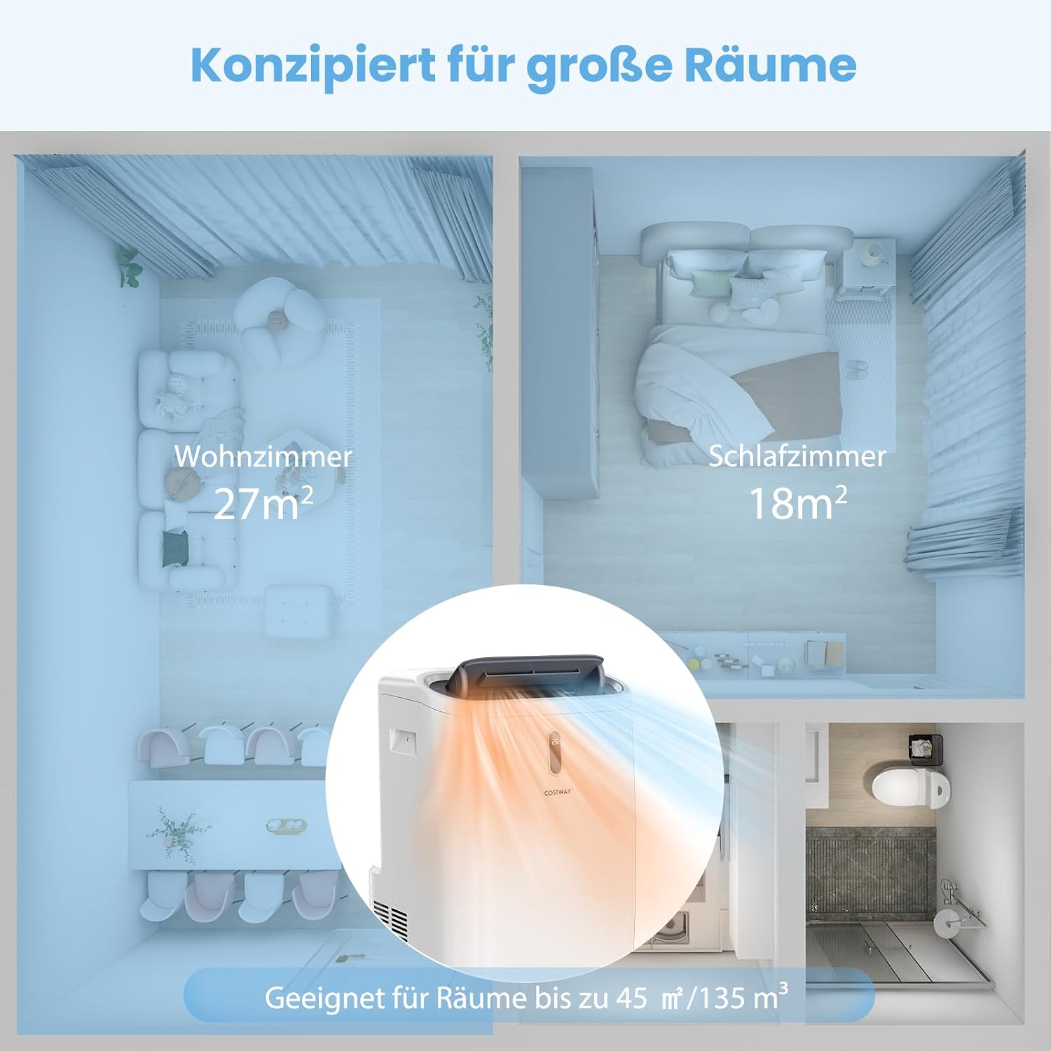 COSTWAY Klimaanlage mobil 14000BTU, Klimagerät mit Abluftschlauch, 5 in 1 Kühlen & Heizen & Entfeuchten & Belüften & Schlafmodus für Räume bis zu 135 m³, Fernbedienung/App, 24H Timer, 4100W, ≤57dB