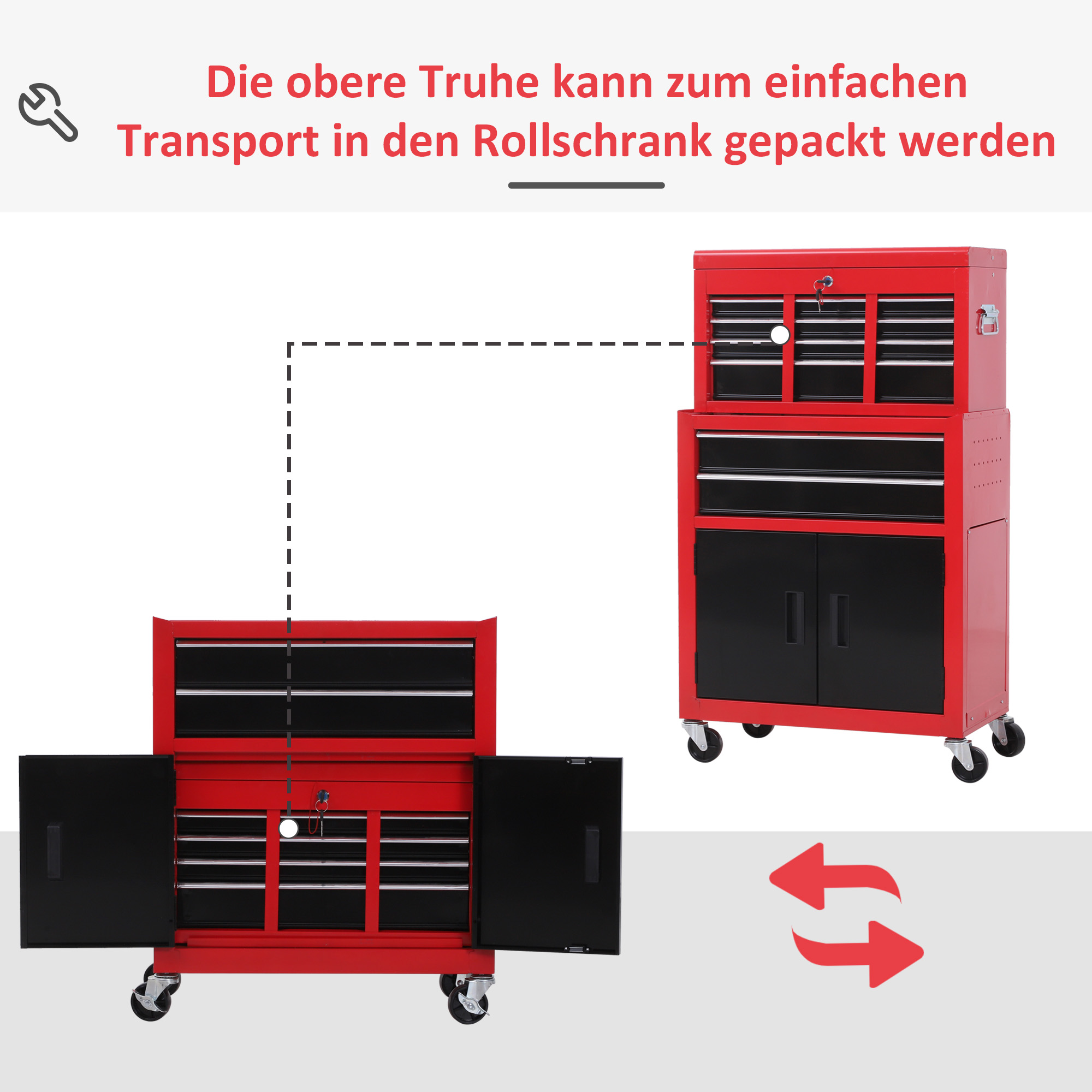 Gereedschapskast met Gereedschapskist, Op Wielen, 6 Laden, Metaal, Rood