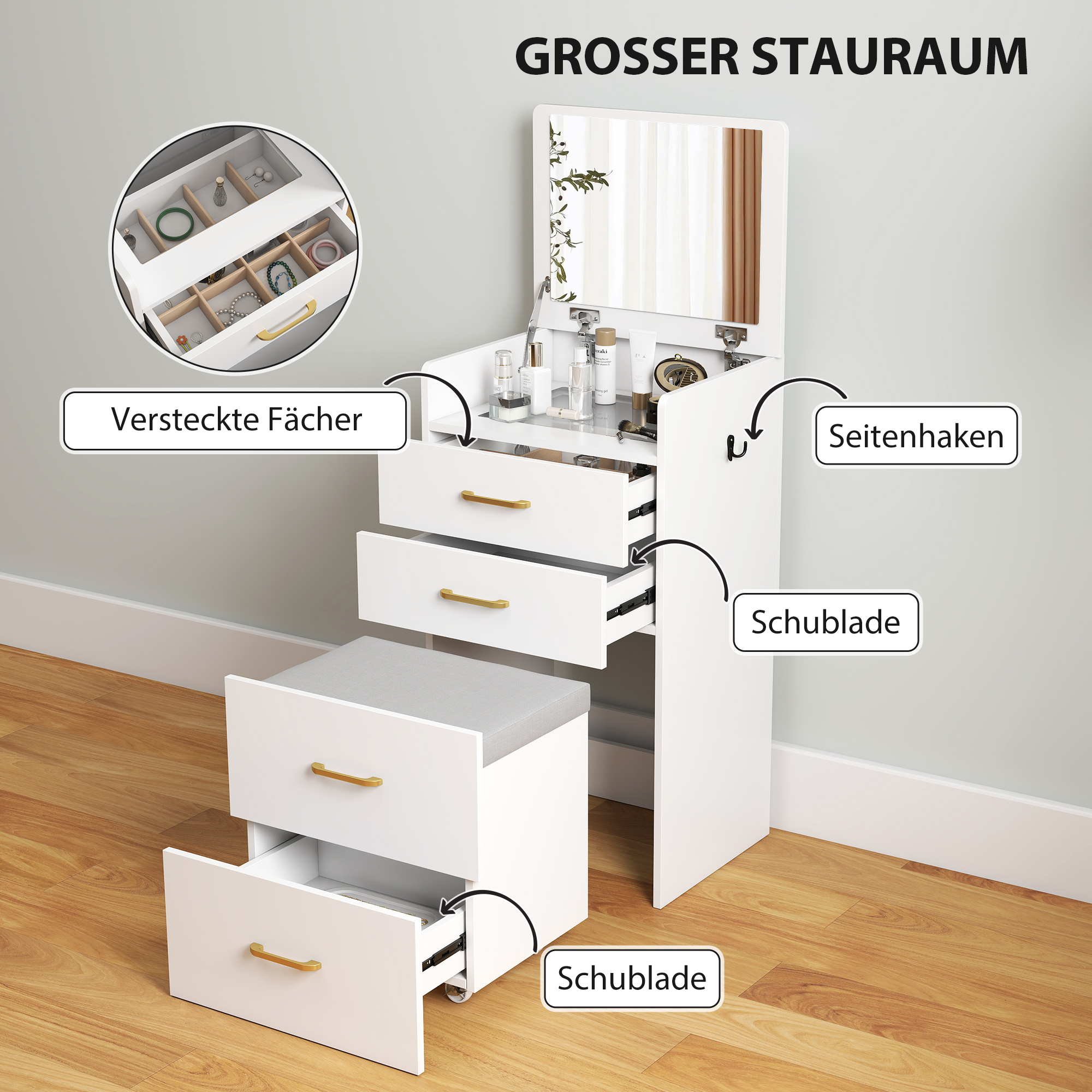 3-in-1 Make-uptafel met Spiegel, Nachtkastje, Rollende Kruk, Lades, Wit