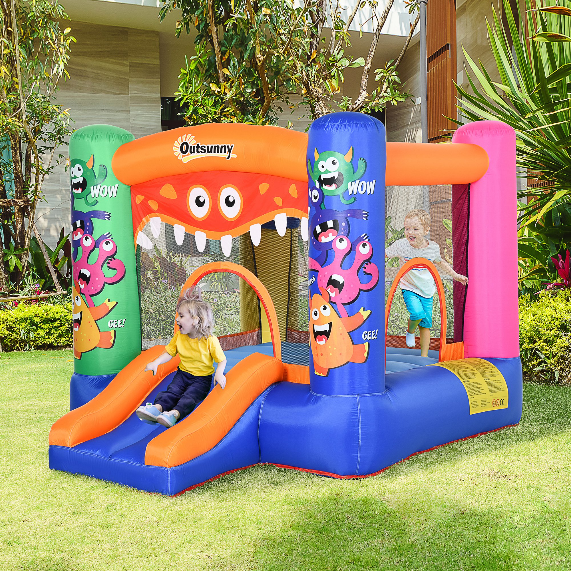 Outsunny opblaasbaar springkasteel met elektrische pomp voor 2 kinderen 250 x 180 x 175 cm