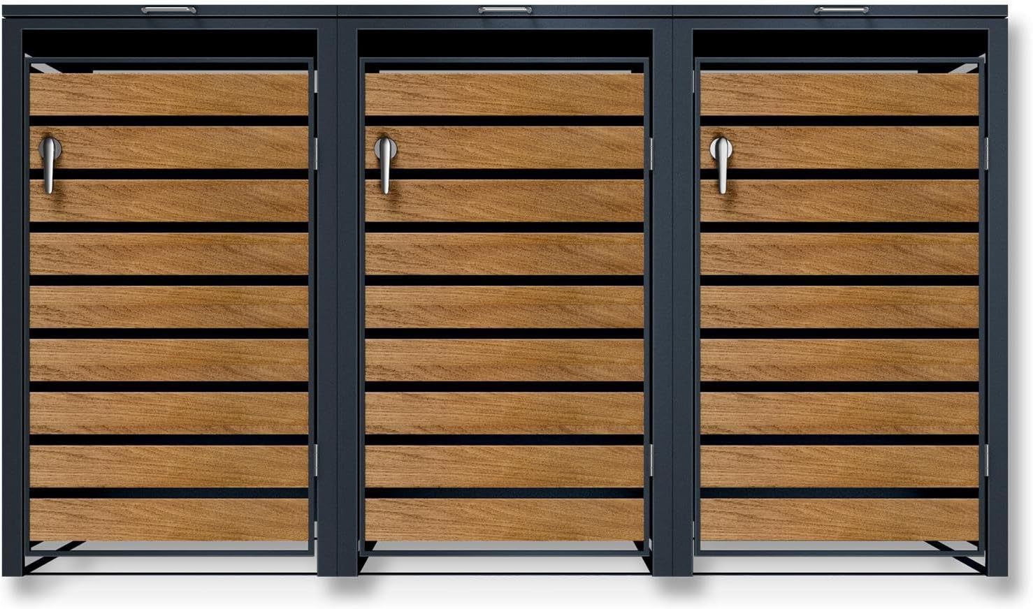 Metzler Mülltonnenbox in Anthrazit & Holzoptik 3er 240L, Mülltonnenverkleidung 3 Tonnen, witterungsbeständiger und pulverbeschichteter Stahl mit Automatikdeckel, abschließbar, Garten- und Müllbox