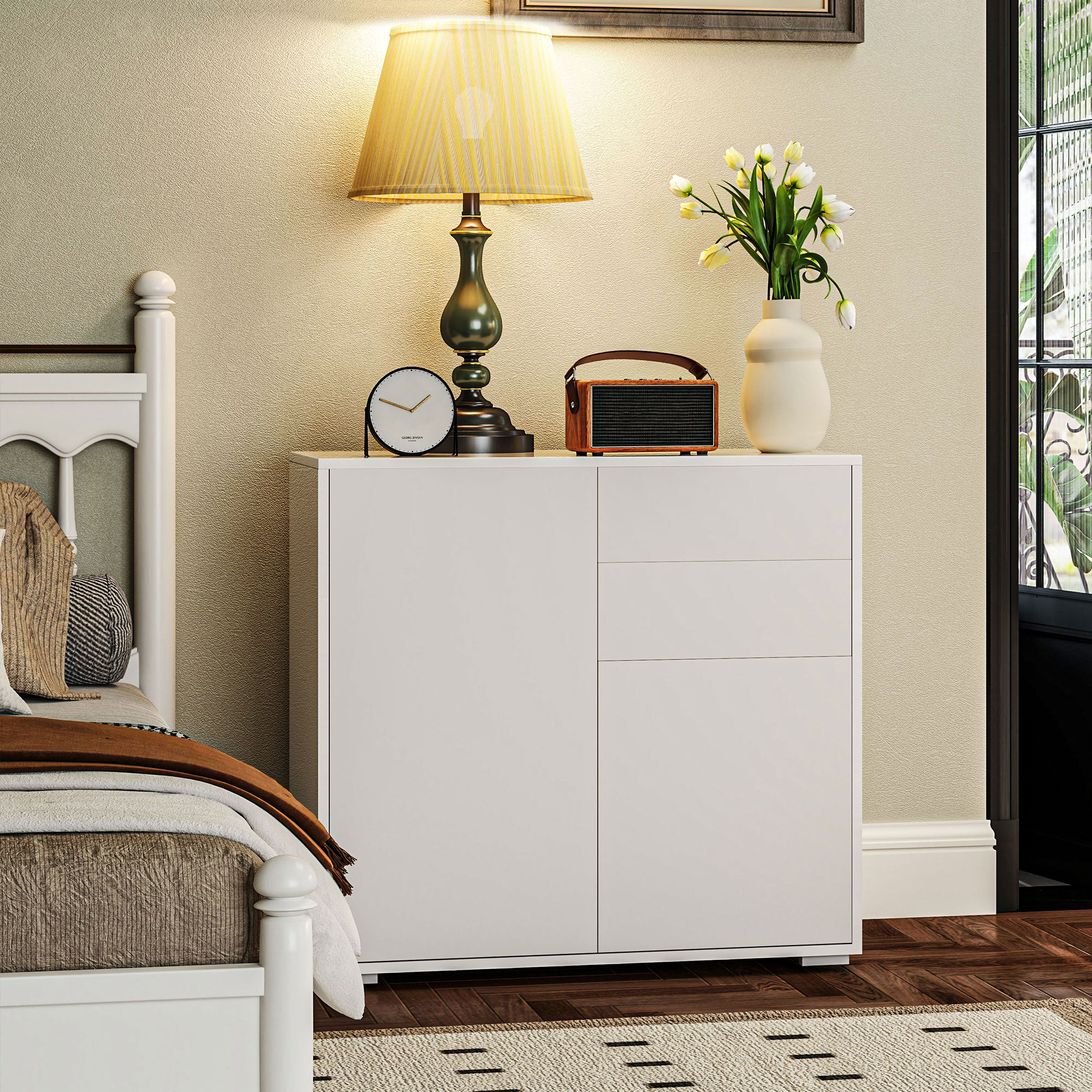 Opbergkast met 2 Lades, 2 Deuren, met Kantelbeveiliging, voor Woonkamer, Slaapkamer, 79 x 36 x 74 cm, Wit