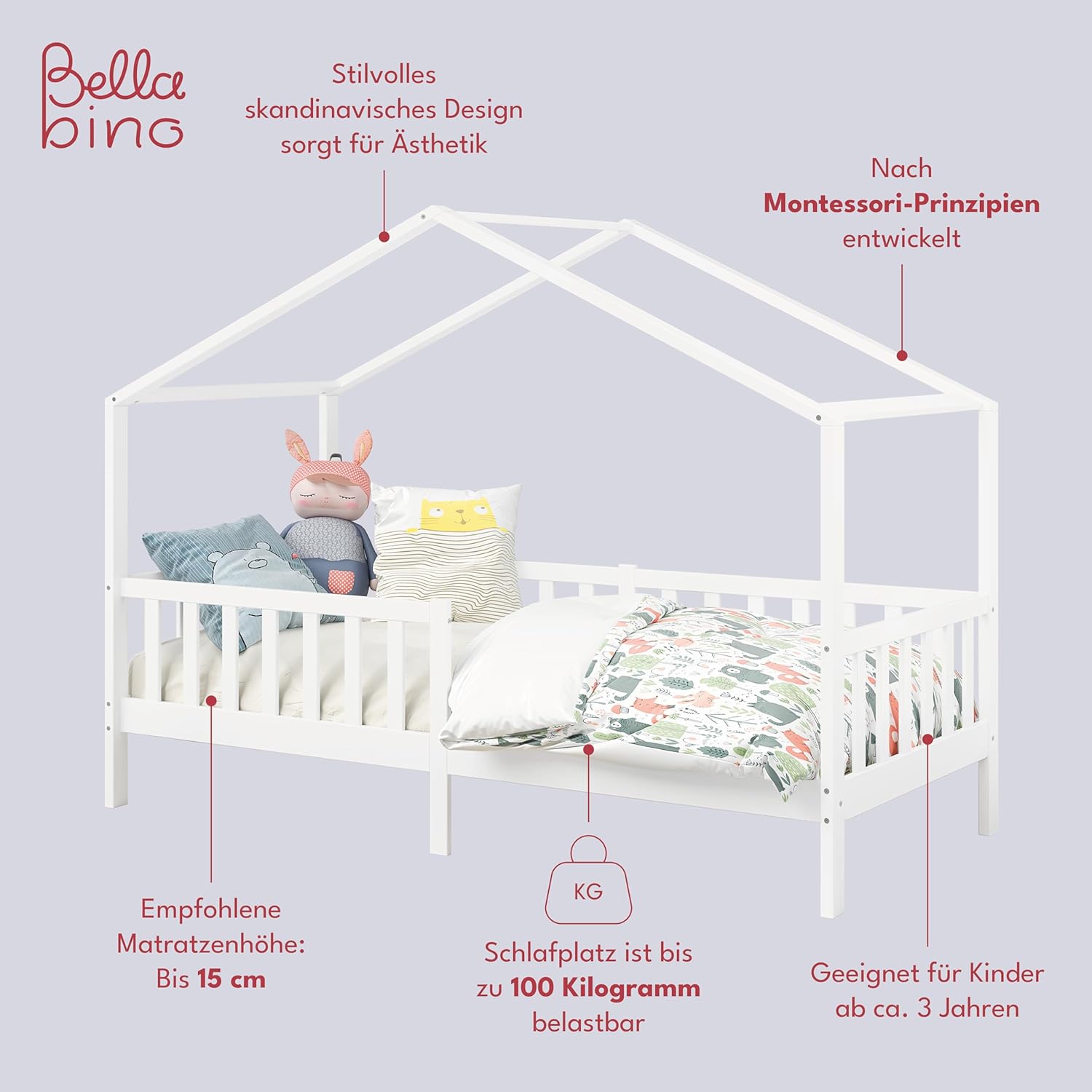 Bellabino Kinderbett Bia 140x200 cm, Hausbett Kinder inkl. Rausfallschutz und Rolllattenrost, Montessori Bodenbett weiß aus Massivholz Kiefer