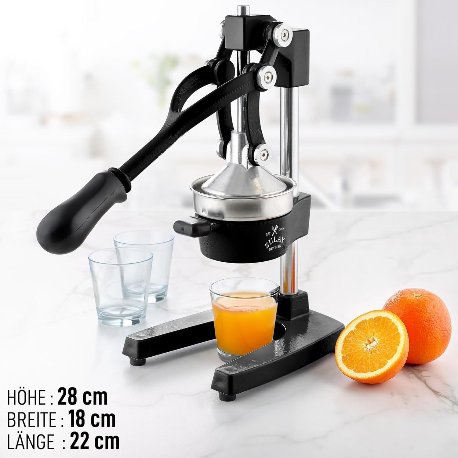 Zulay professionelle Zitruspresse – manueller Entsafter aus Metall – manuelle Zitronenpresse und Orangenpresse – robuster und strapazierfhiger Standentsafter in Premium-Qualitt, schwarz