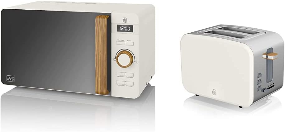 Swan Nordic 20 L digitaler Mikrowellenherd, 6 Leistungsstufen, 800 W Leistung, 30-Minuten-Timer, einfache Reinigung, Abtaumodus, modernes Design, Griff in Holzoptik, mattwei