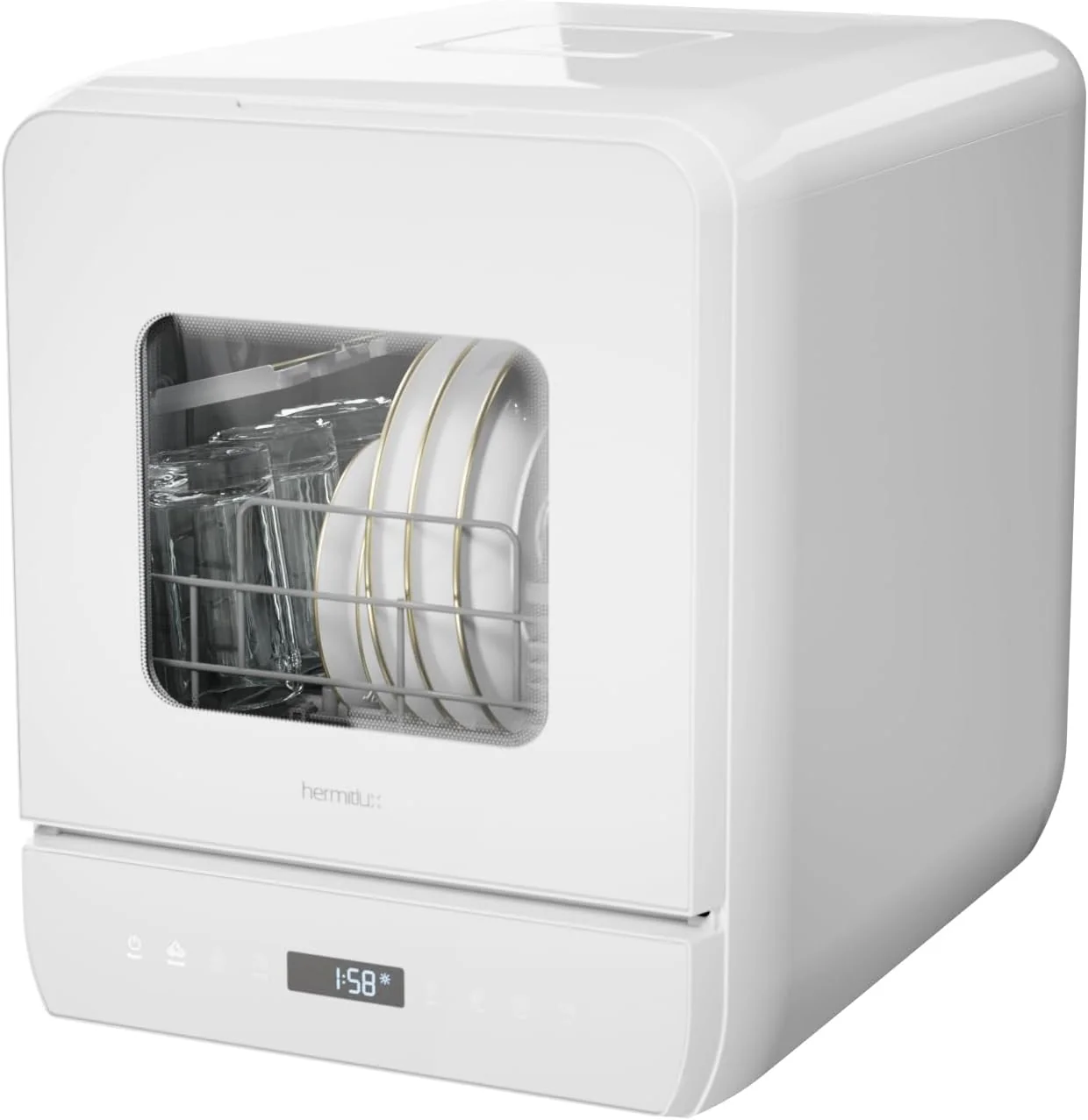 Hermitlux Countertop Dishwasher, 7 Washing Programs Portable Mini Dishwasher with 5-Liter Built-in Water Tank for Apartments & RVs, LED Light, Glass Door, No Hookup Needed