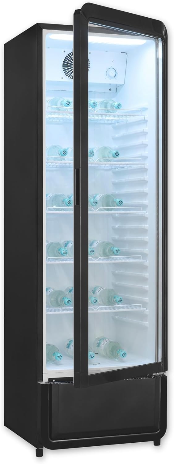 Exquisit Glastürkühlschrank, 280l Getränkekühlschrank mit LED, Umluft, 5 verstellbare Ablagen, CoolPro, GKS5260-GT-431D schwarz