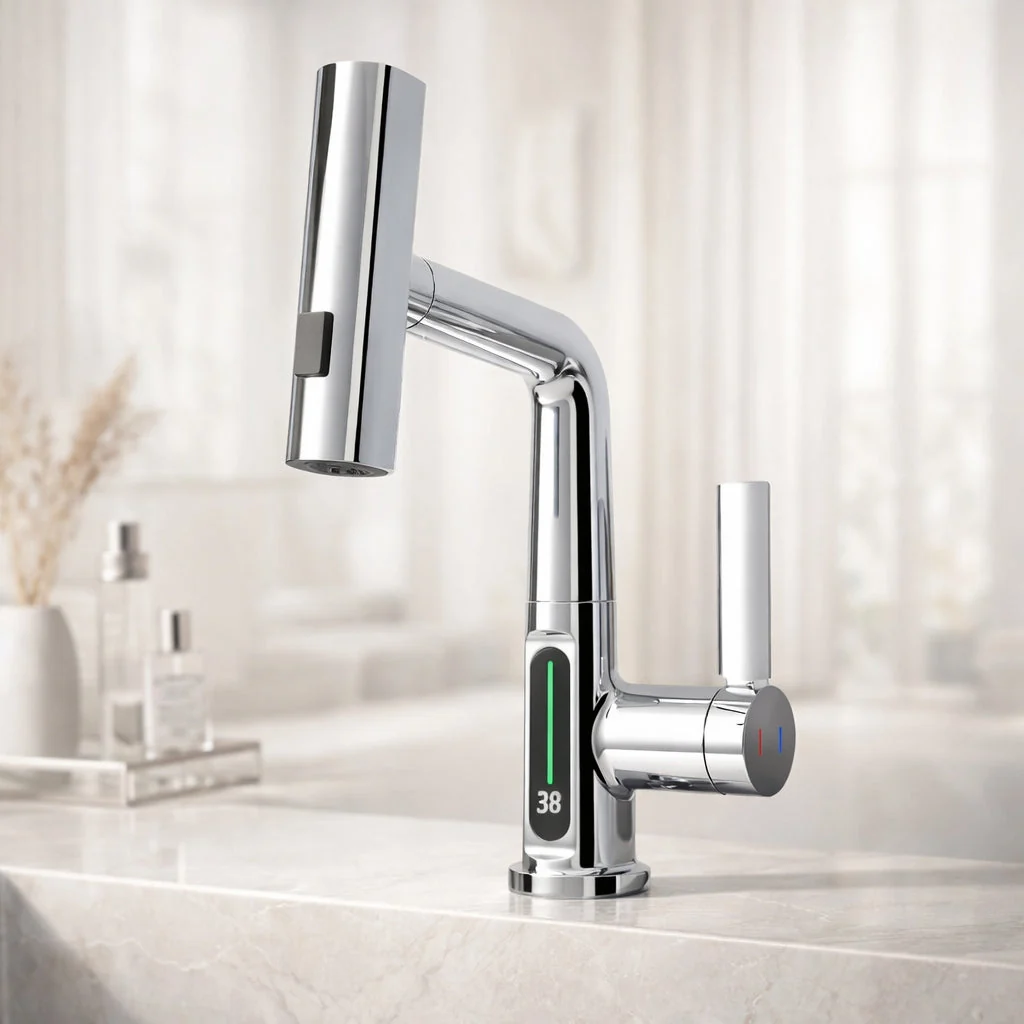 Flexibler Wasserhahn mit LED-Temperaturanzeige und 5 Strahlmodi �C moderne K��chen- und Badarmatur