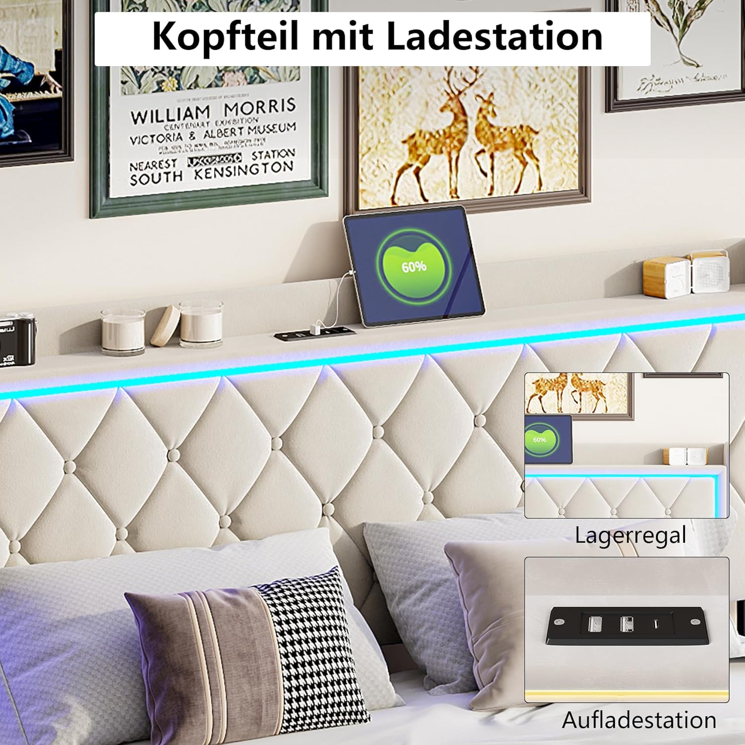 Bett 140x200 mit stauraum, Polsterbett mit LED-Kopfteil, Doppelbett mit USB und Lattenrost, Hydraulischem Stauraum und Metallrahmen, Jugendbett, Bettgestell, Boxspringbett, Samt Beige, Ohne Matratze
