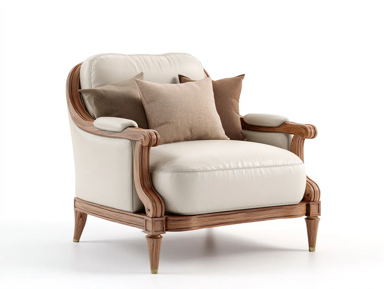 Stoffsessel-Leder-Holz-90x95x85 cm-Elfenbein-Luxuriöses Design