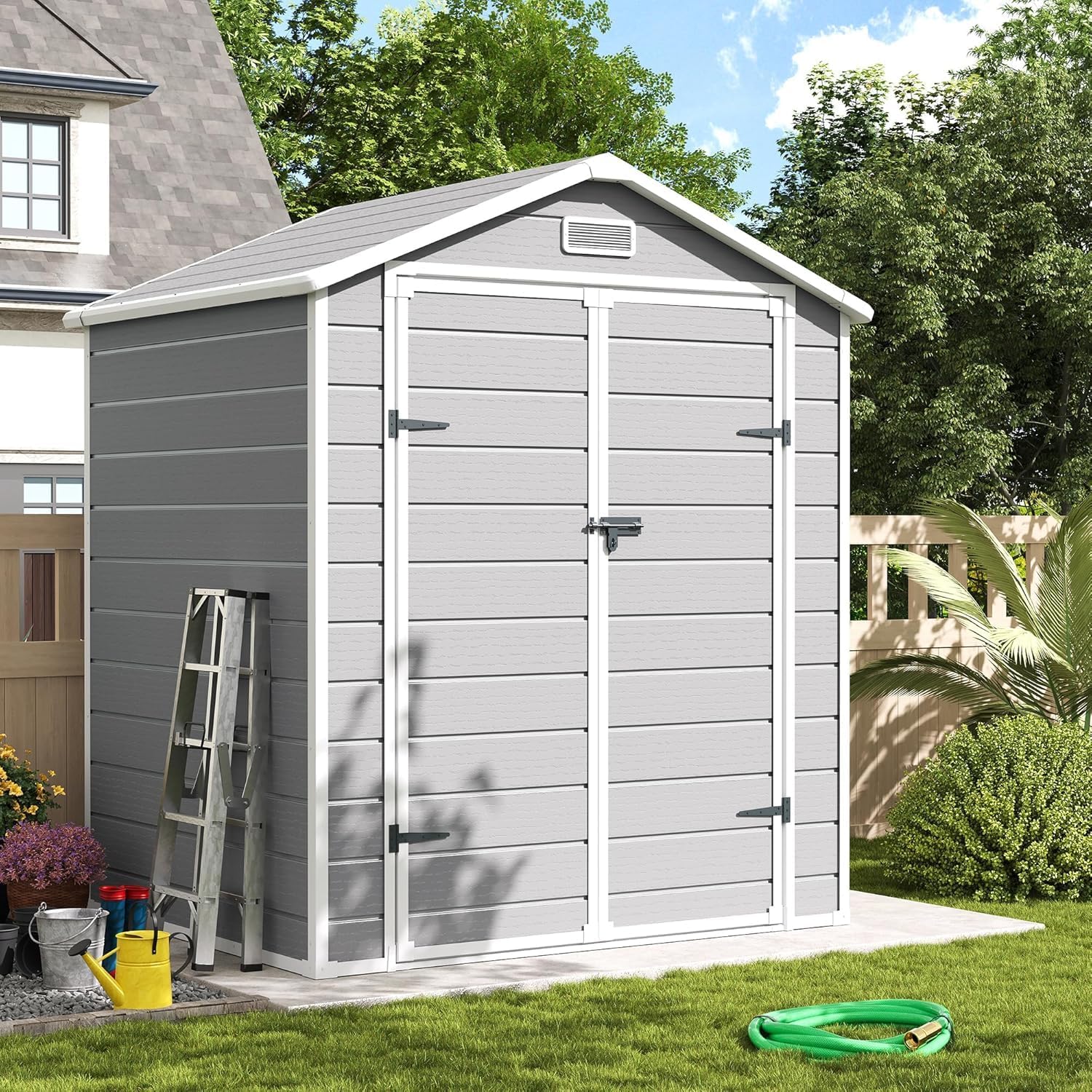 UDPATIO Gartenhaus wetterfest 183 x 137 x 210 cm, 3.9 m³, Kunststoff-Harz außerhalb Schuppen & Outdoor-Lagerung für Mülleimer,Rasenmäher mit abschließbarer Tür für Rasen, Terrasse, Grau & Weiß
