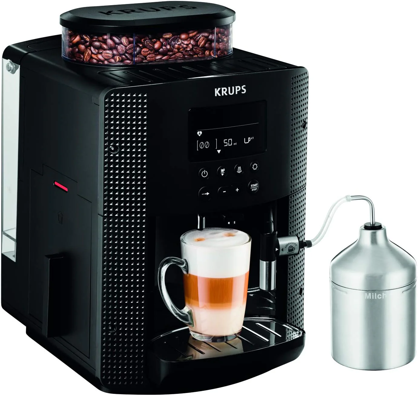 Krups Essential volautomatische espressomachine met melkslang, 2-kopsfunctie, LCD-display, eenvoudige reiniging, koffiezetapparaat, T��V-keurmerk, zwart, EA816031