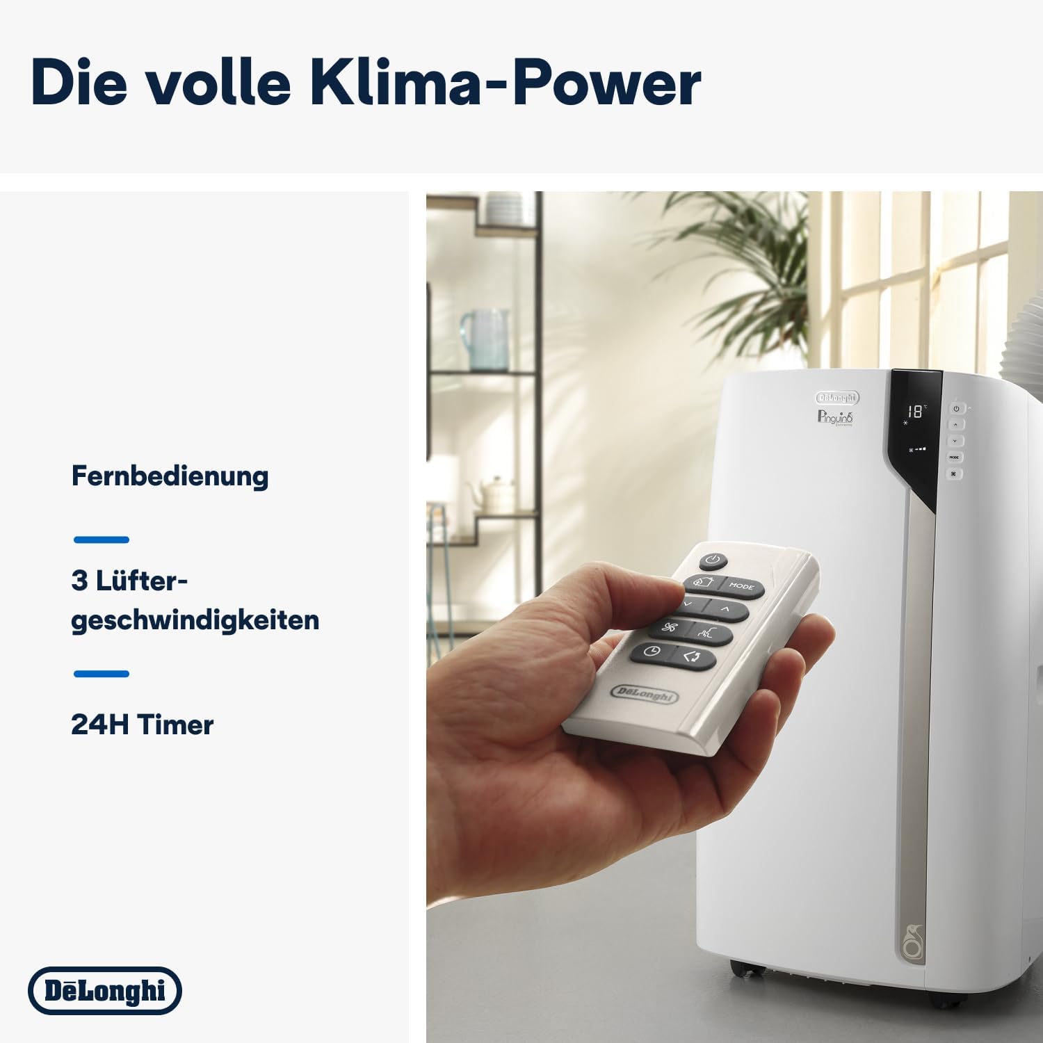 De'Longhi Pinguino PAC EM82, Mobile Klimaanlage für Räume bis zu 80 m³, 9.400 BTU, 2,4 kW, 63 dB, Entfeuchtungsfunktion, Energieklasse A, 24h-Timer, Weiß
