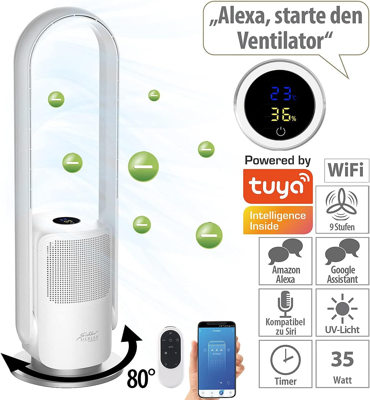 Sichler Haushaltsgeräte Turmventilator: Rotorloser 2in1-360°-Ventilator & Luftreiniger, WLAN, App, HEPA, 35 W (Turmventilator mit Luftreiniger, Ionisator, Ozon)