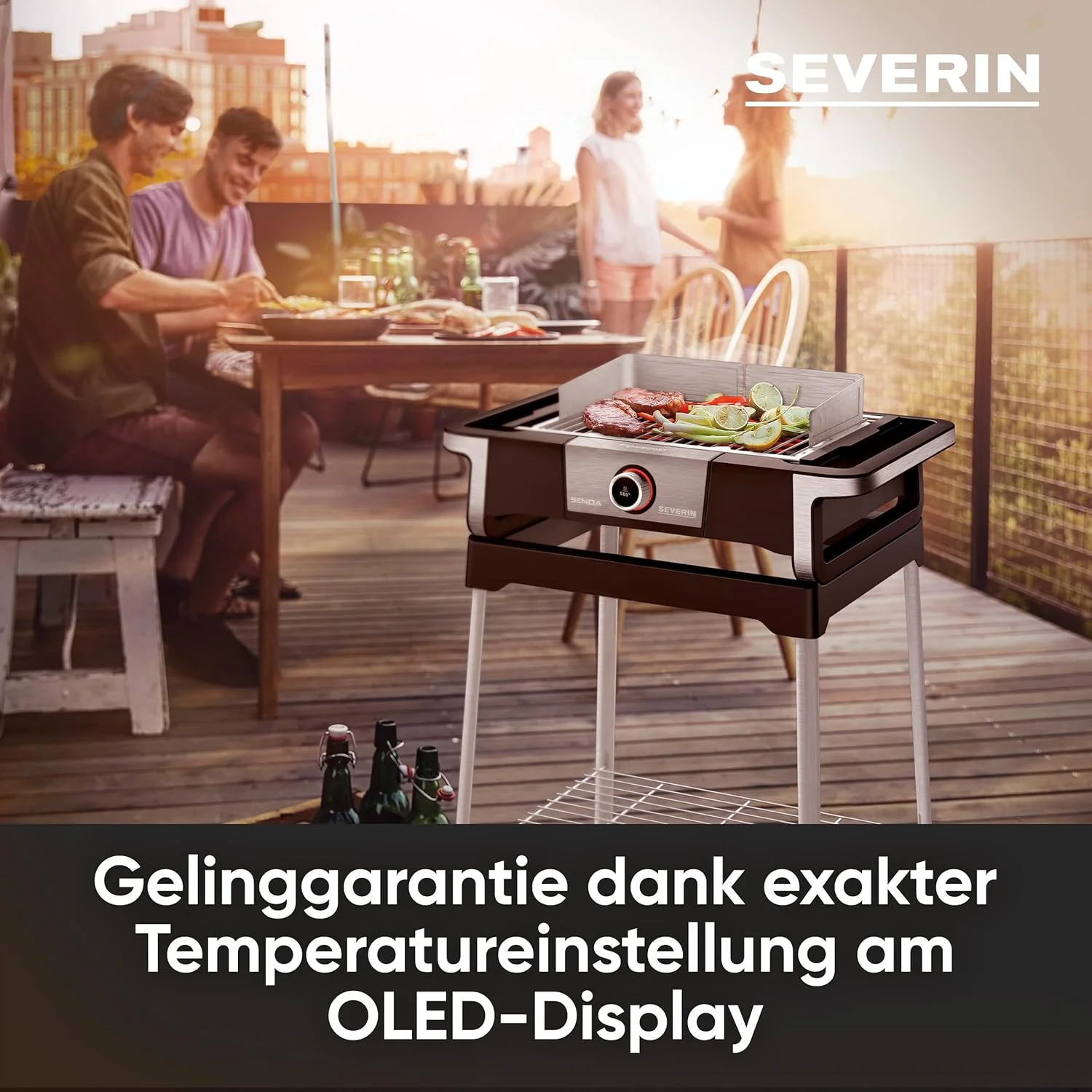 SEVERIN SENOA DigitalBOOST S elektrische barbecue met onderstel, staande barbecue met snelle start tot 500 ��C, balkonbarbecue met SafeTouch-oppervlak, RVS/zwart, PG 8118