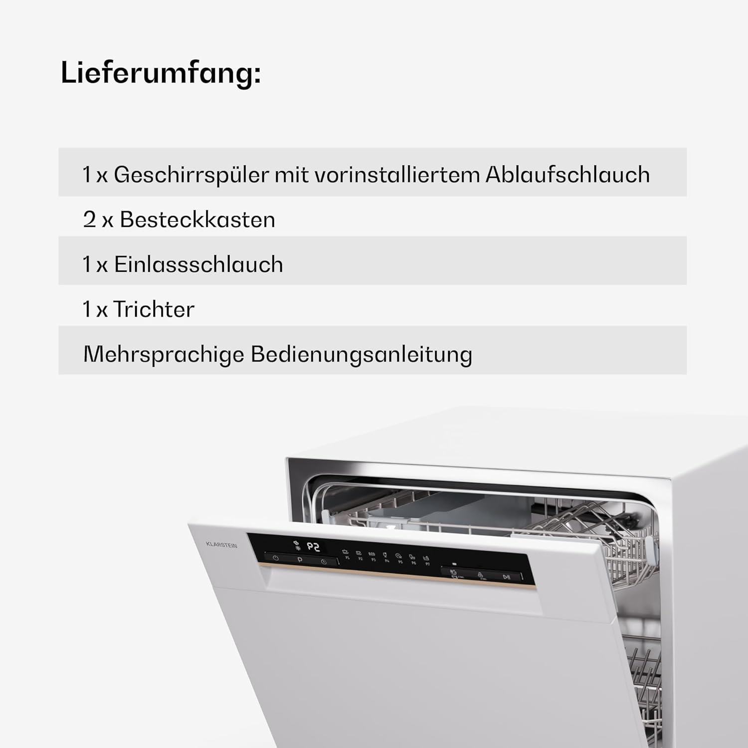 Klarstein  ia 8 - Spülmaschine, Geschirrspüler, Freistehend, Teilintegriert, F, 55 cm breit, 8 Maßgedecke, 6 Programme, Aquastop, silber