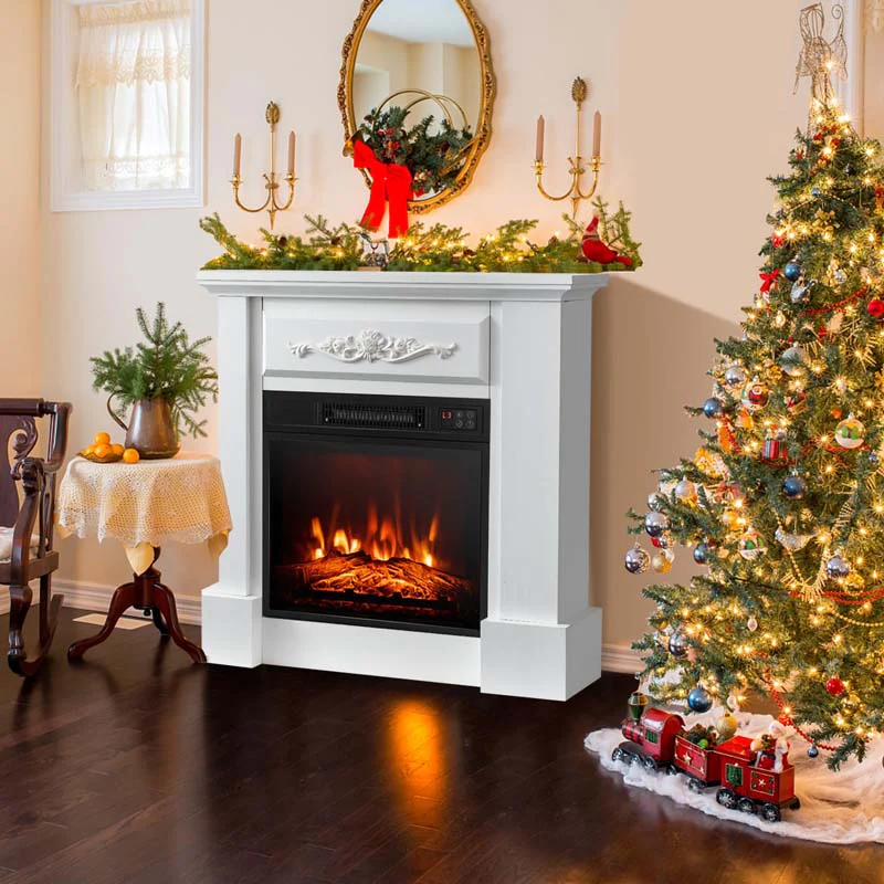 32Quot Solid Electric Fireplace With Mantel 1400W Freestanding Mantel Fireplace Heater With Remote Control Thermostat 6H Timer