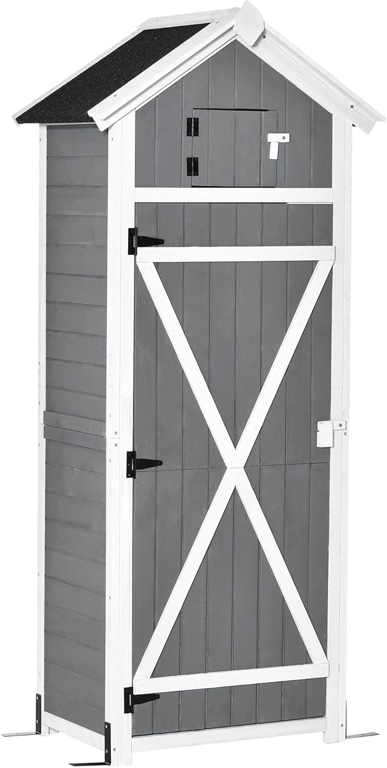 Outsunny Gartenschrank Holz, wetterfest 78x52,5x182cm Gerätehaus, Geräteschuppen mit Satteldach, Tür, Gartenschuppen mit faltbar Tisch, Haken, Geräteschrank Werkzeugschrank für Terrasse, Garten, Grau