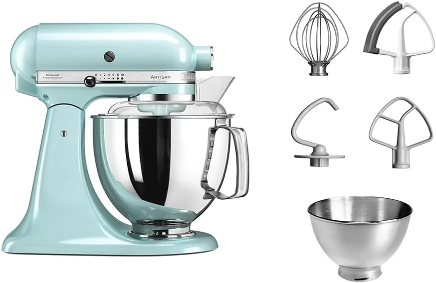 KitchenAid Batidora amasadora - Artisan - Robot de Cocina con Cabezal Inclinable - Amasadora con 5 Accesorios - Batidora de repostería con 2 boles de Acero Inoxidable - 4,8 L y 3 L - Azul hielo