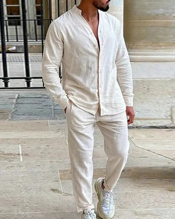 L?ssiges Leinen-Set f��r Herren - Hemd mit Stehkragen & Hose