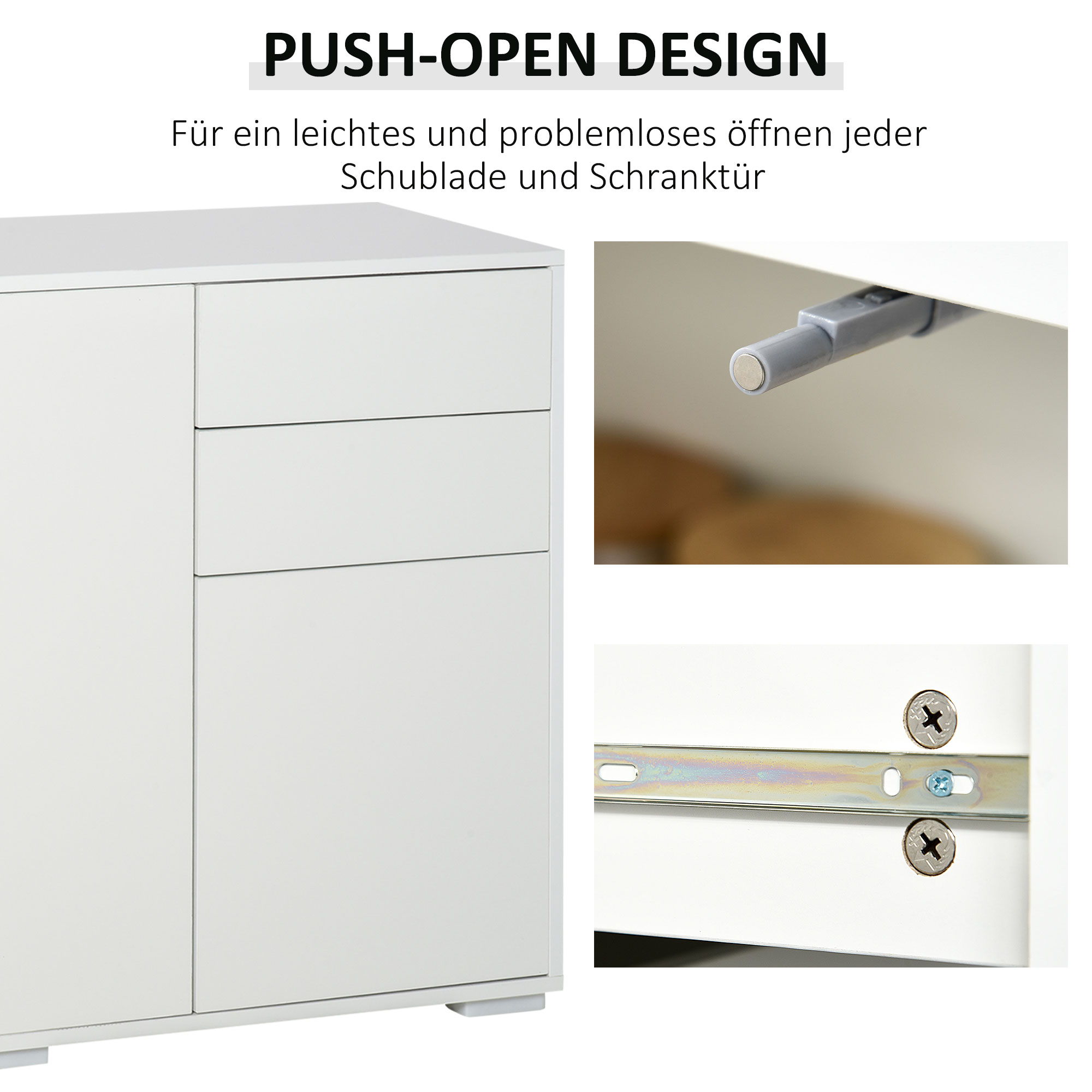 Witte Dressoir Kast, 2 Laden, Push-Click, 117 cm x 36 cm x 74 cm