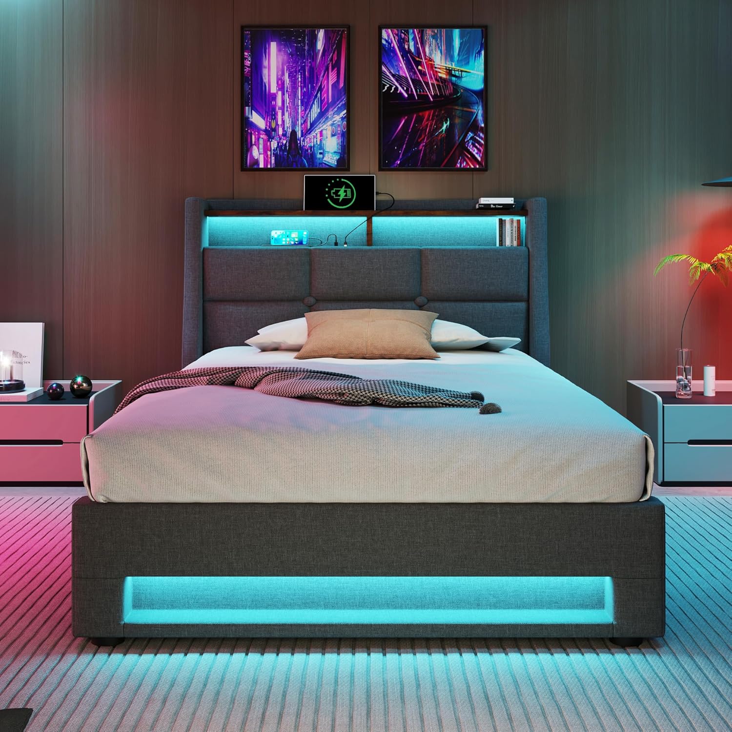 Merax Polsterbett 90x200cm, Einzelbett mit Bettkasten und Lattenrost, Stauraum Kopfteil mit LED und USB Ladefunktion, Hydraulisch Stauraumbett Funktionsbetten, Leinen, Jugendbett, ohne Matratze, Grau