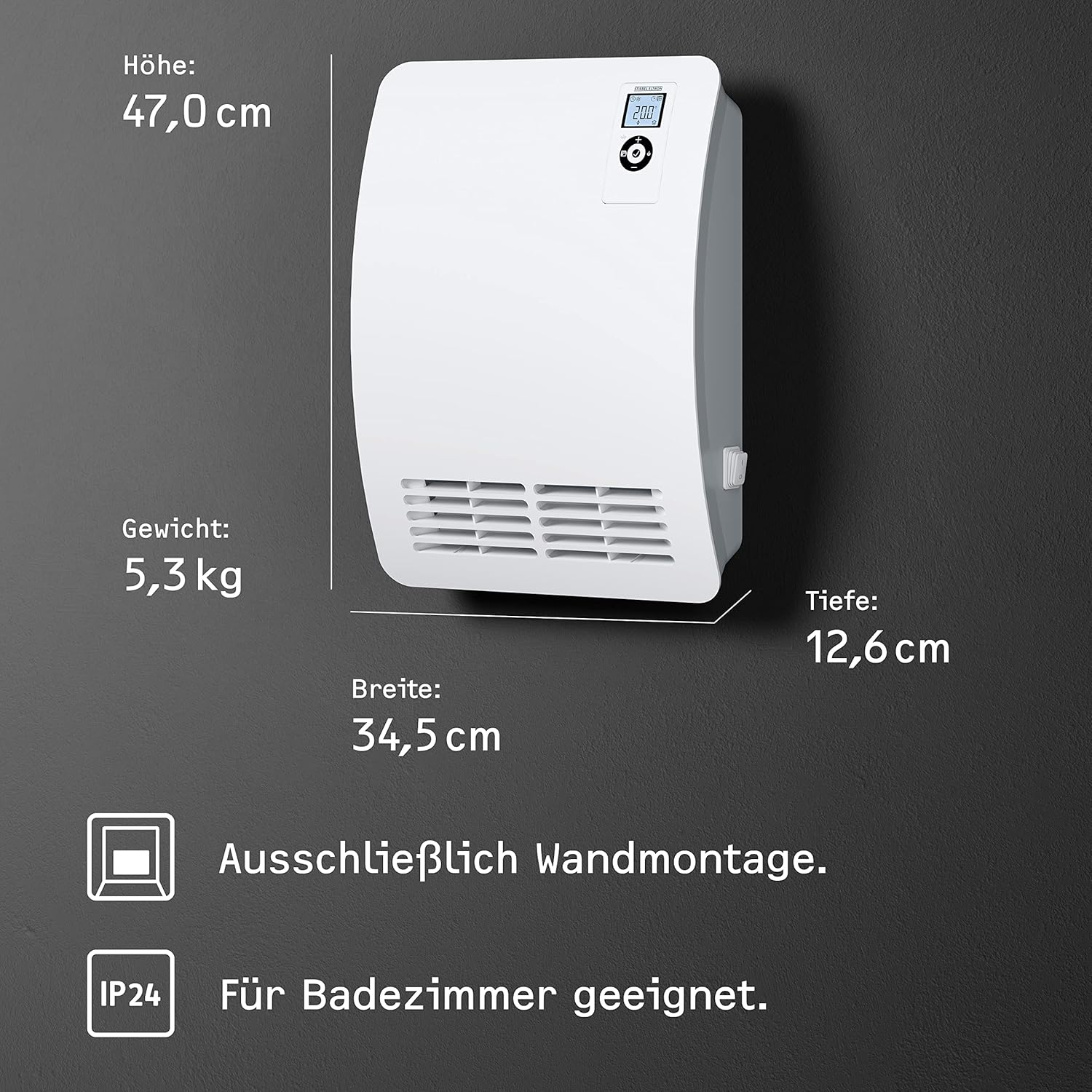 STIEBEL ELTRON Schnellheizer CK 20 Premium, 2 kW für ca. 25 m², VDE geprüft, LC-Display, Wochentimer, 120 Min. Timer, Silent Mode, Heizlüfter energiesparend, Bad, 237835