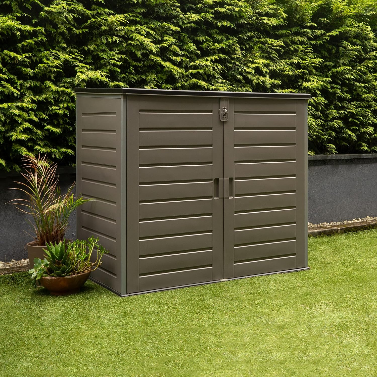 Wasabi - Mülltonnenbox aus Harz 1170L – 140x82x124cm – Inklusive Boden – Doppeltür und klappbarer Deckel – Metallrahmen – Polypropylen-Paneele – Riegelschloss – Gartenschuppen