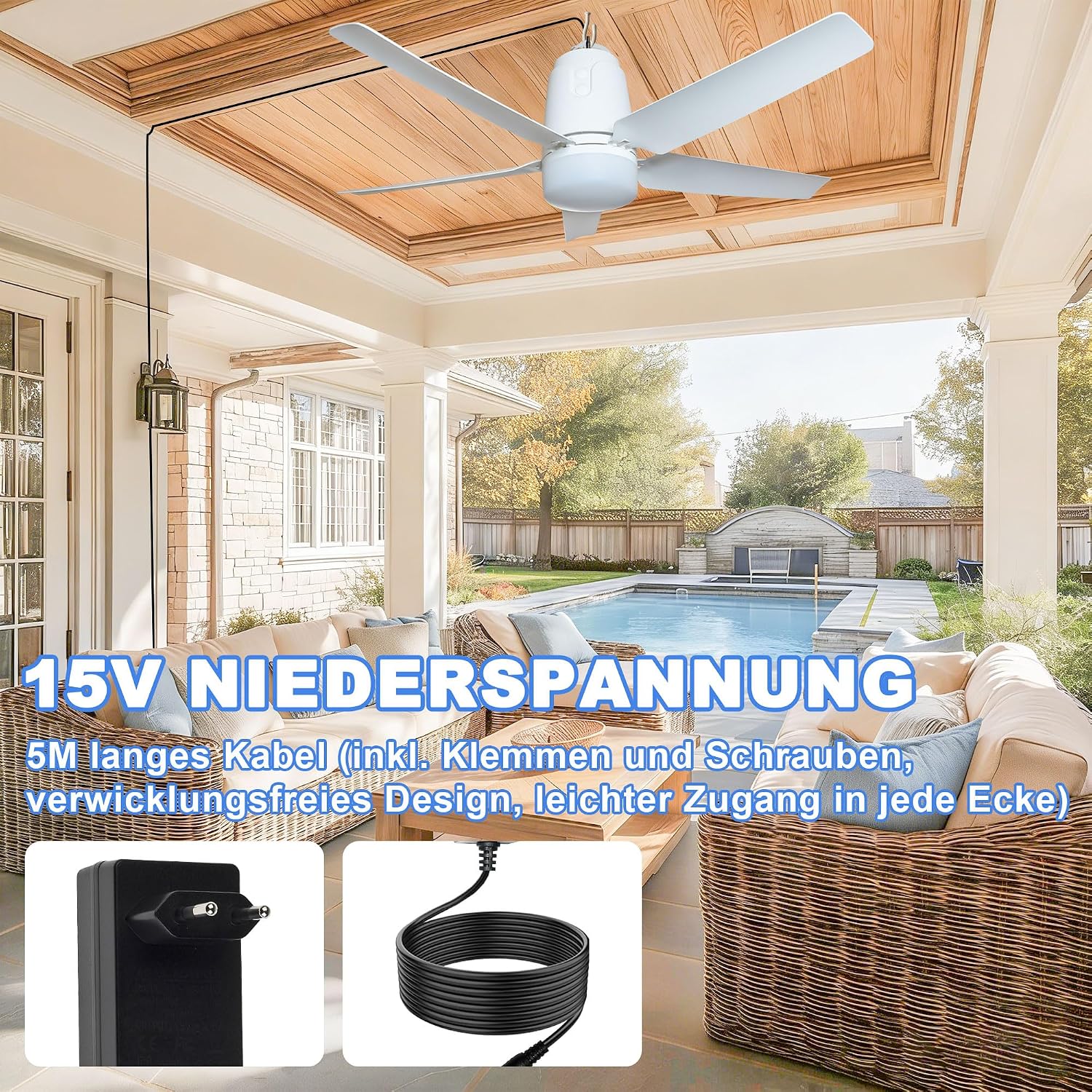 SHUNLEE Deckenventilator Outdoor mit Beleuchtung 80CM, Deckenventilator Indoor/Outdoor mit Stecker, Fernbedienung und Leise, Mobiler Ventilator Lampe für Terrasse, Ceiling, Pavillon, Wohnzimmer (80CM)
