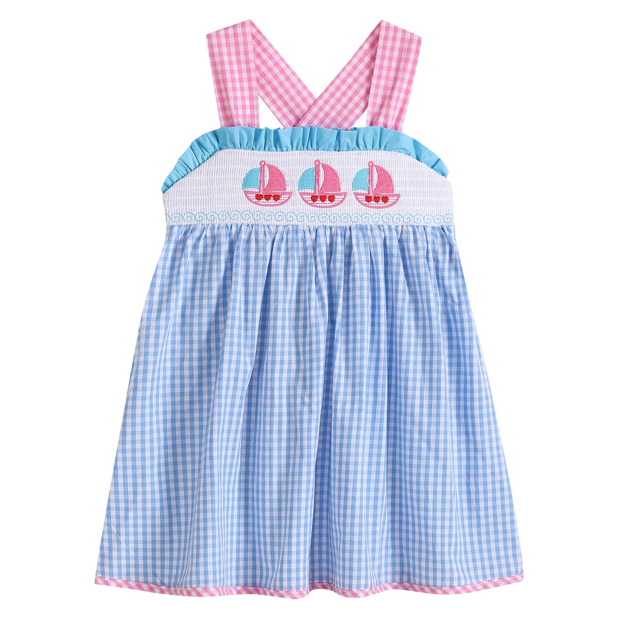 Baby Blue Gingham Pink Sailboats Smocked Baby Dress 3-6M