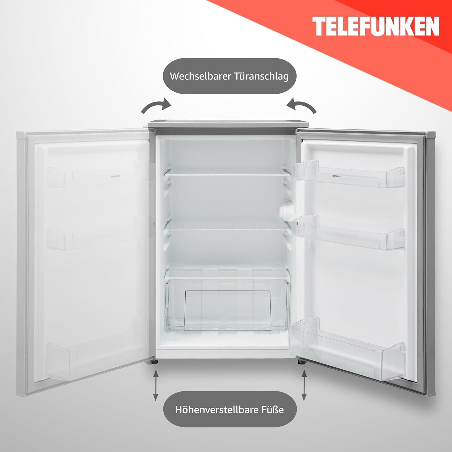 TELEFUNKEN Kühlschrank ohne Gefrierfach freistehend Standkühlschrank mit 135 Liter Nutzinhalt Kühlschrank klein mit Gemüsefach Vollraumkühlschrank Türanschlag wechselbar C-135-100-S silber