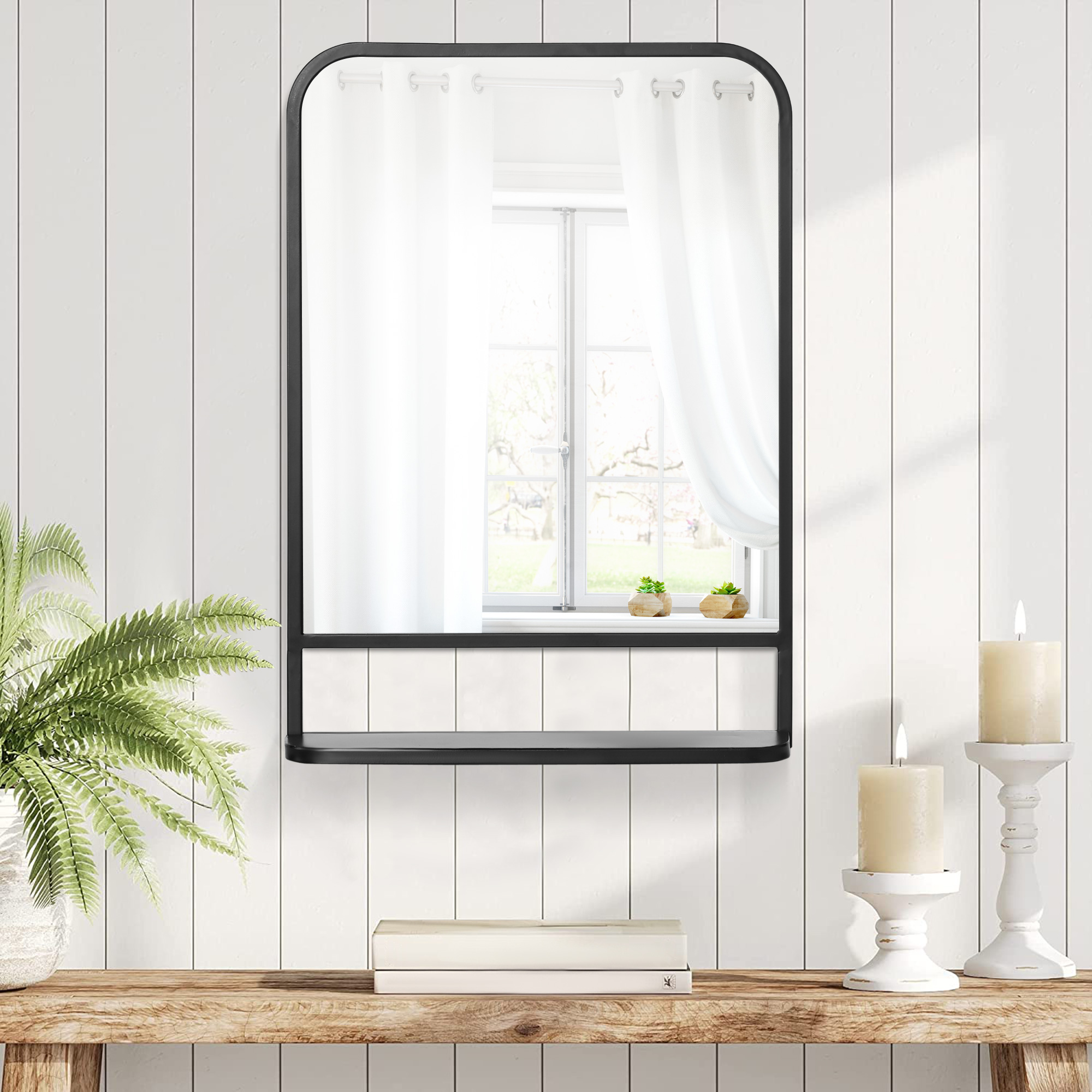 wandspiegel met metalen frame, afgeronde hoeken, 1 plank 70 cm x 10,2 cm x 50 cm zwart + zilver