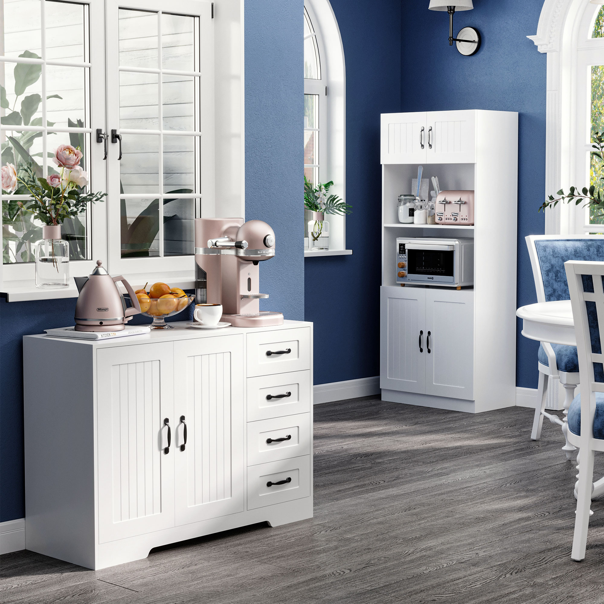 Sideboard Dressoir, Modern Stijl, 4 Lades, 1 Kast, 105 cm x 40 cm x 76 cm, Wit