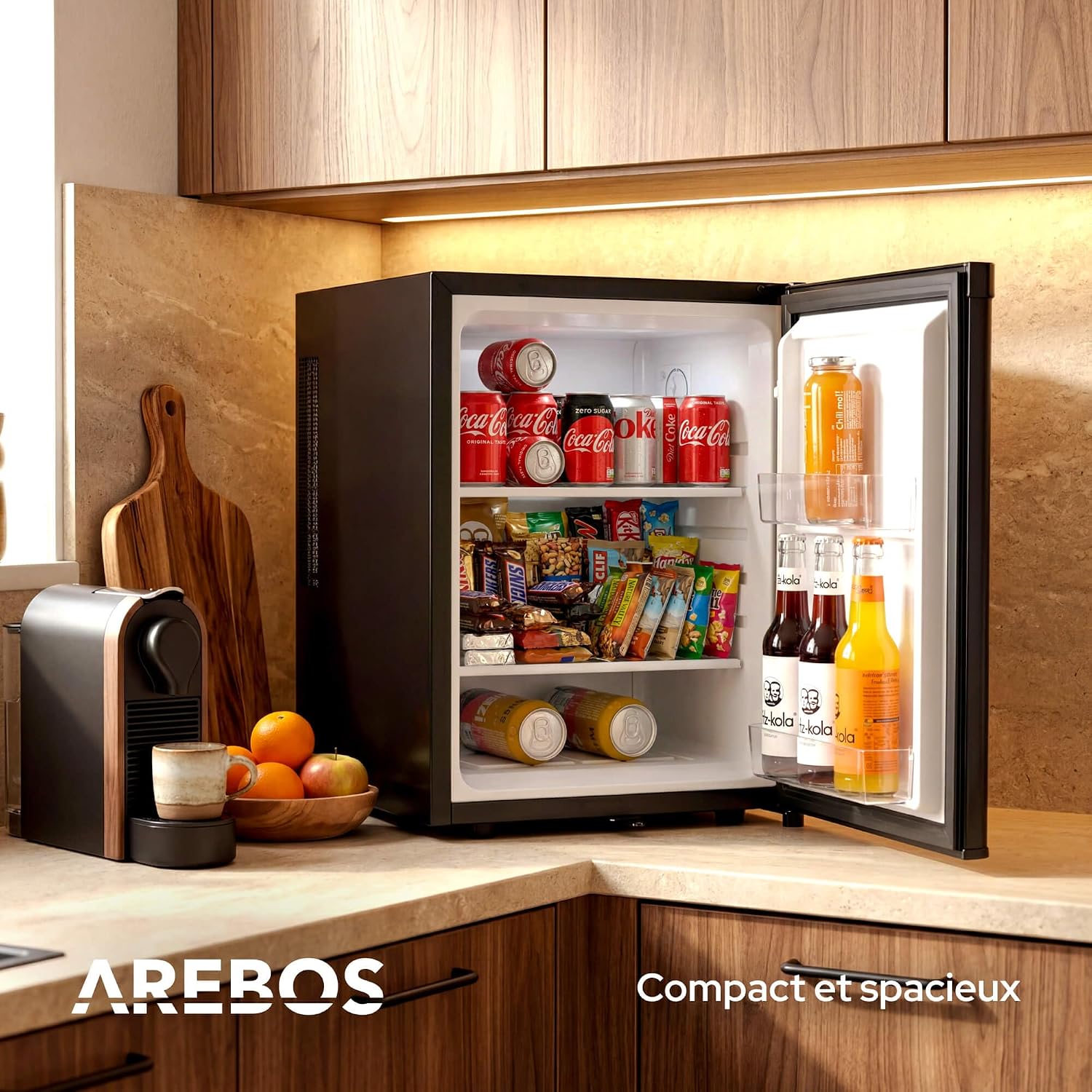 AREBOS Mini Réfrigérateur 40L | Mini Bar Silencieux ≤27 dB | Réfrigérateur Compact Verrouillable avec LED & Température Réglable 5–18 °C | Petit Frigo Bureau | Noir