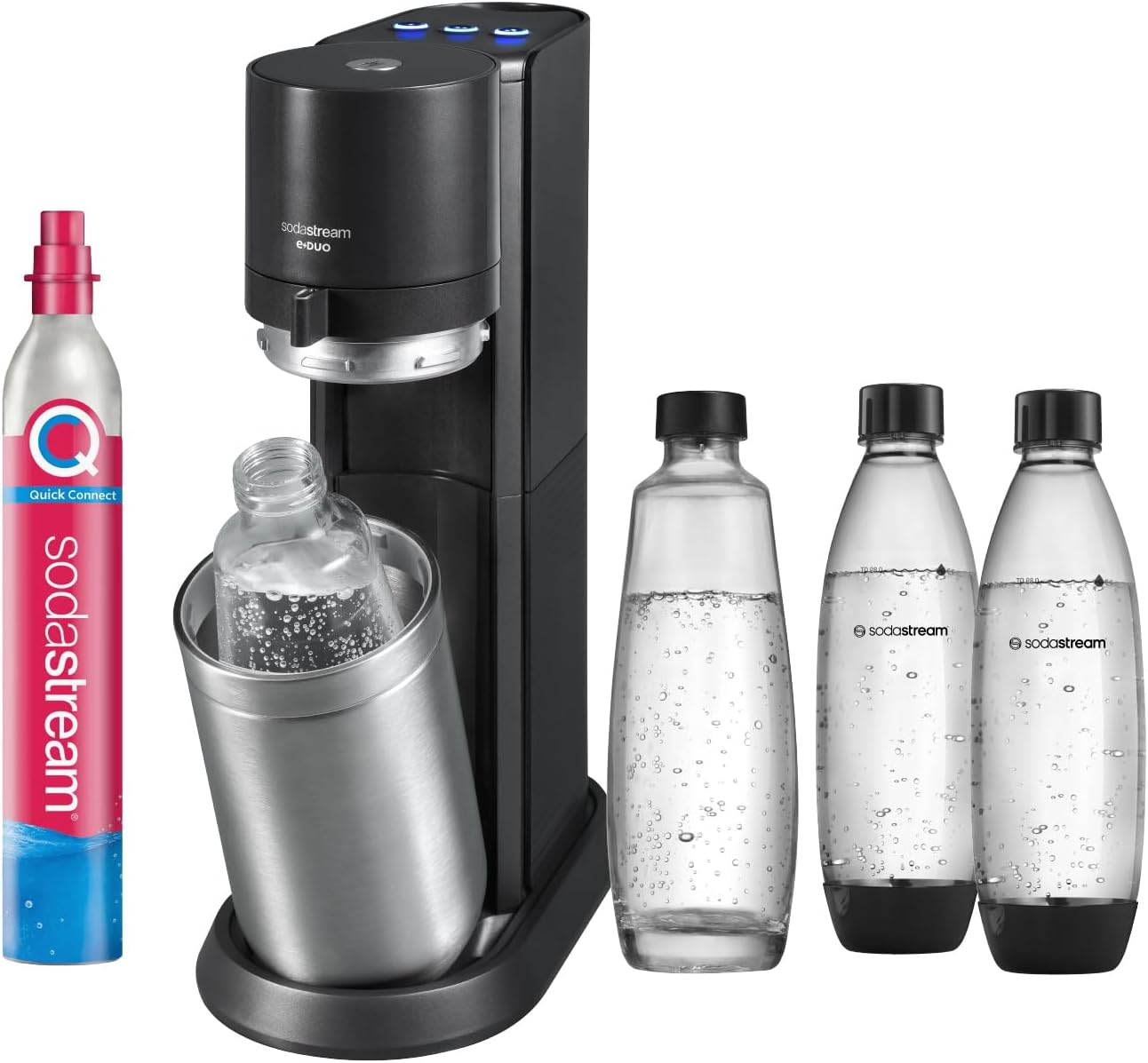 SodaStream elektrischer Wassersprudler E-DUO mit Quick-Connect CO2-Zylinder| inkl. 1x 1L Glasflasche und 2x 1L FUSE Kunststoffflasche (spülmaschinengeeignet) | Farbe: Titan