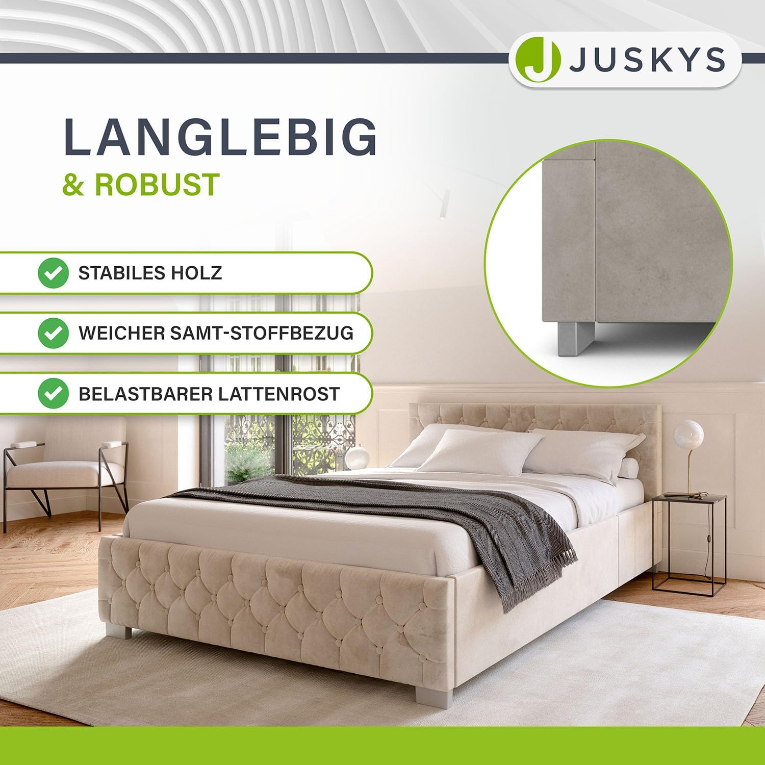 Juskys Polsterbett Nizza 140x200 cm Samt mit Stauraum, LED Beleuchtung & Lattenrost - Chesterfield Steppung & Kopfteil - Bett Bettgestell - Beige