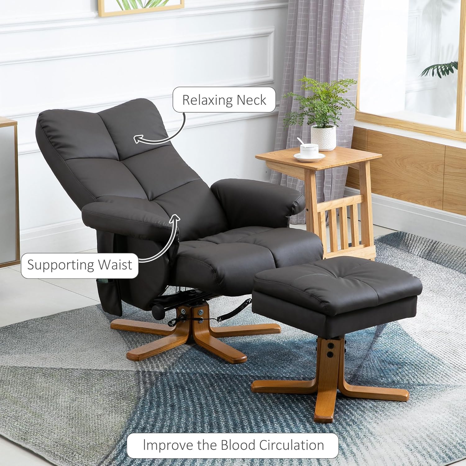 HOMCOM Relaxsessel mit Hocker, 360°drehbarer Fernsehsessel mit Massage, Liegefunktion, Massagesessel mit Seitentasche, TV-Sessel, Kunstleder für Wohnzimmer Braun