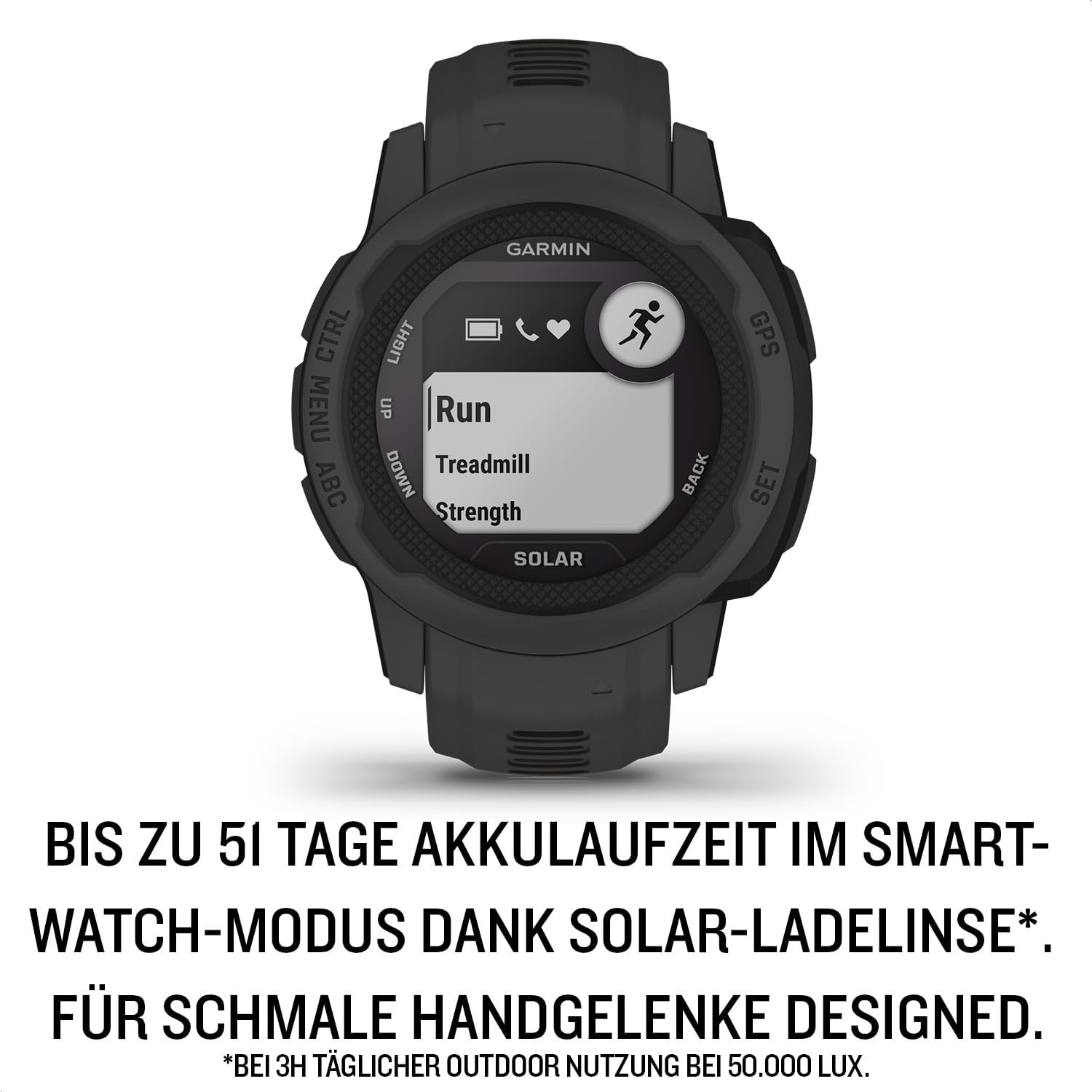 Instinct 2S Solar – schlanke GPS-Smartwatch mit bis zu 51 Tagen Akkulaufzeit, über 40 Sport-Apps, Pay, Trainingszustand, Fitnessalter oder Schlafanalyse