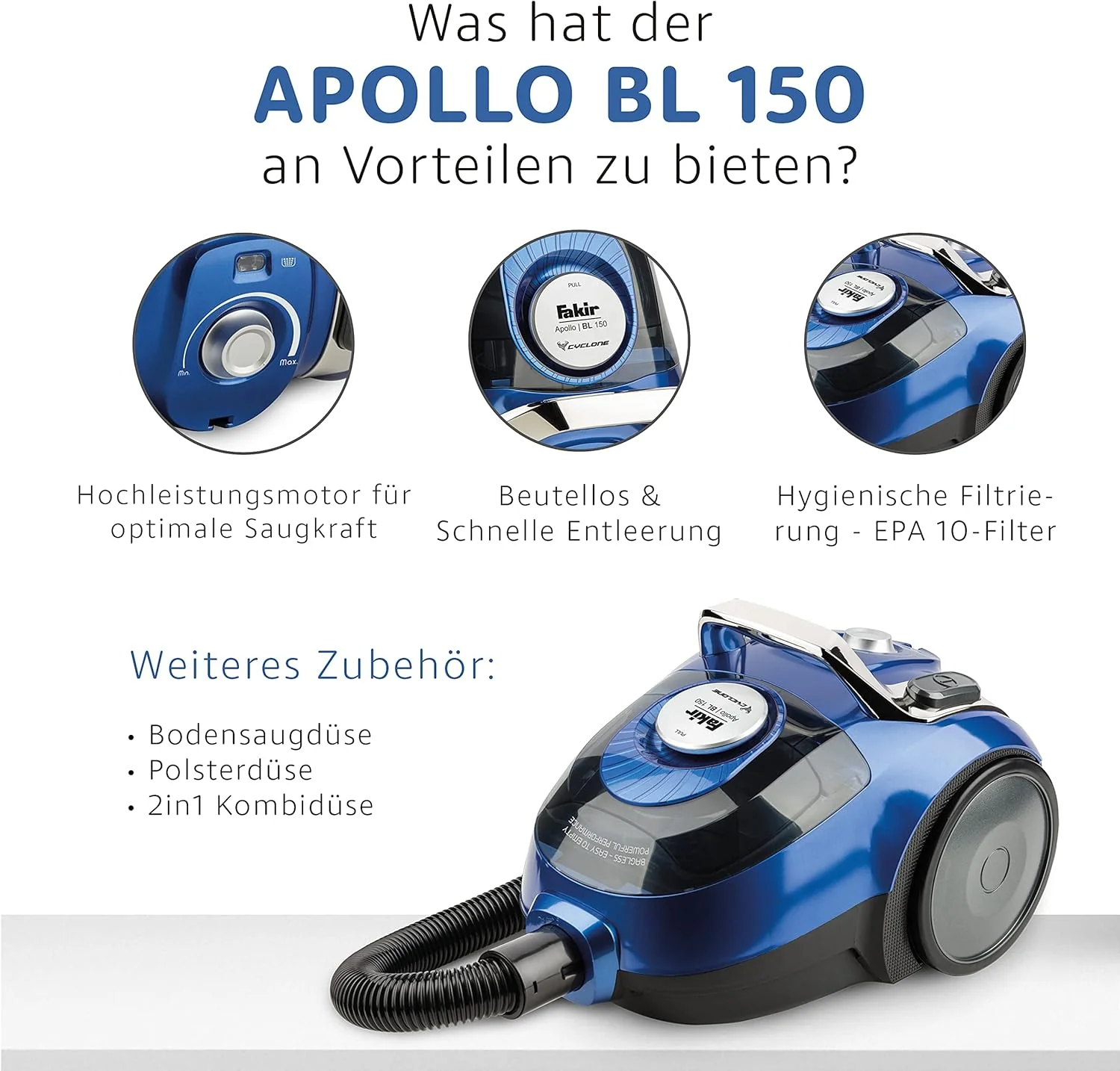Fakir Apollo BL 150 - Zakloze stofzuiger I Cycloonstofzuiger met hoogvermogende motor, EPA 10 filter & combimondstuk, 800 W, blauw/zilver