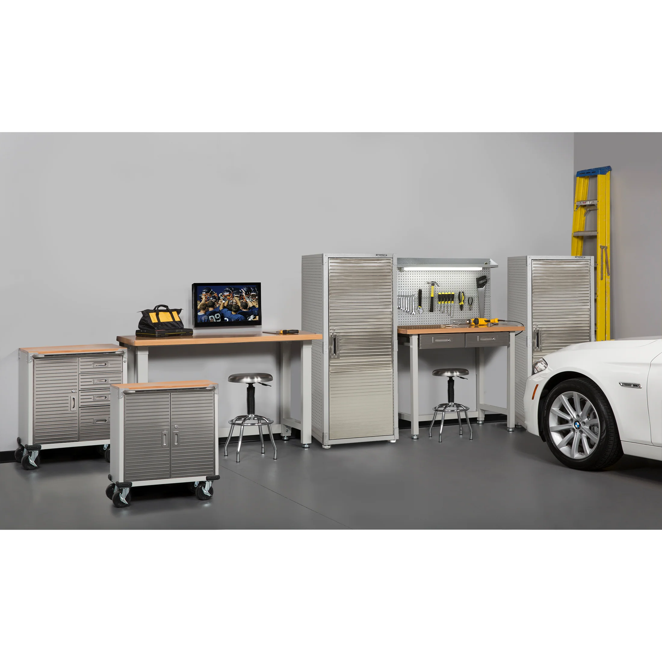 2025 Robuuste gereedschapskast van massief staal met RVS-deur, 61 x 46 x 168 cm, afsluitbaar, 4 legplanken, granietafwerking, UltraGuard? coating, draagvermogen 317 kg